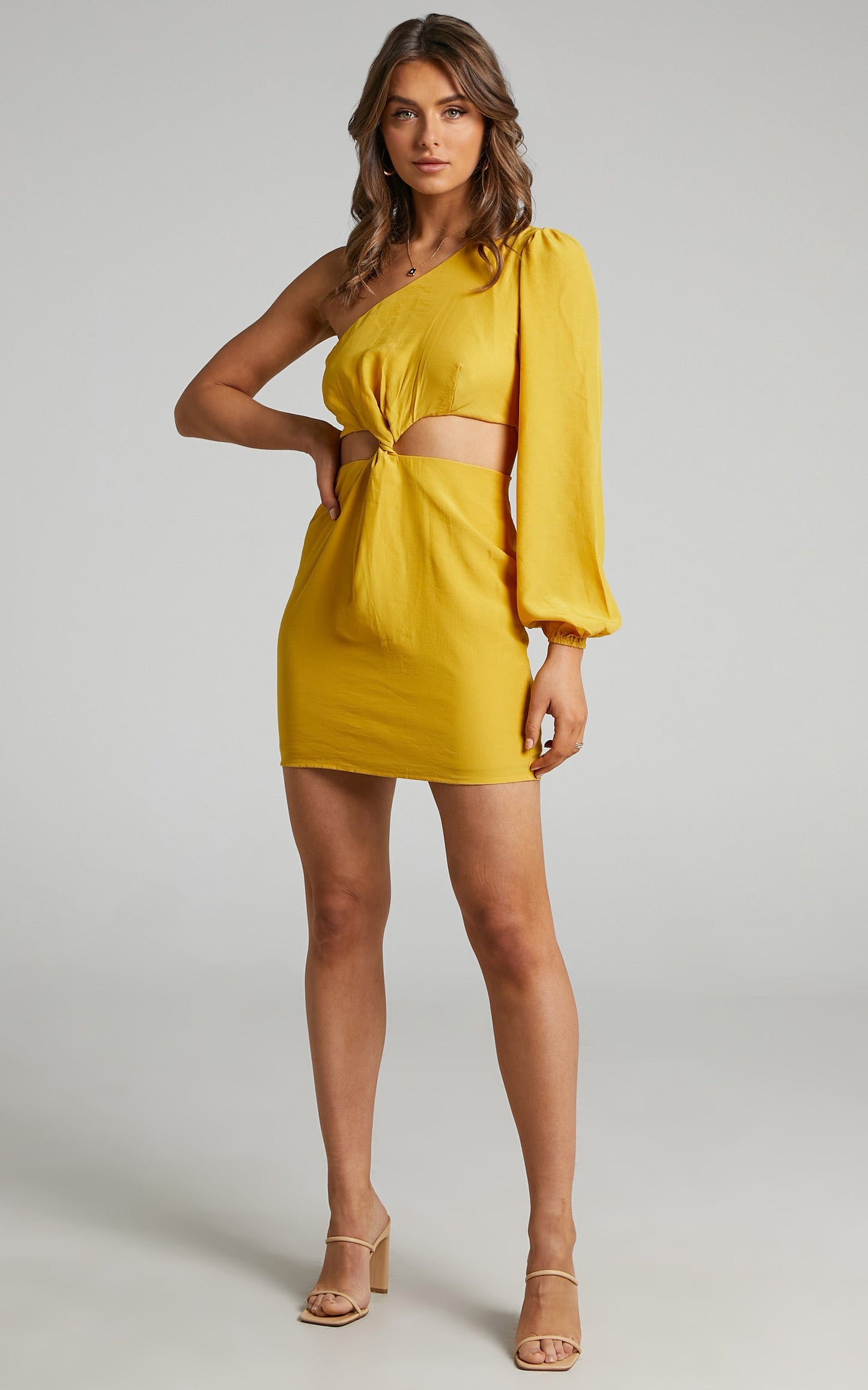 Glannica One Shoulder Mini Dress with Twist Front in Yellow