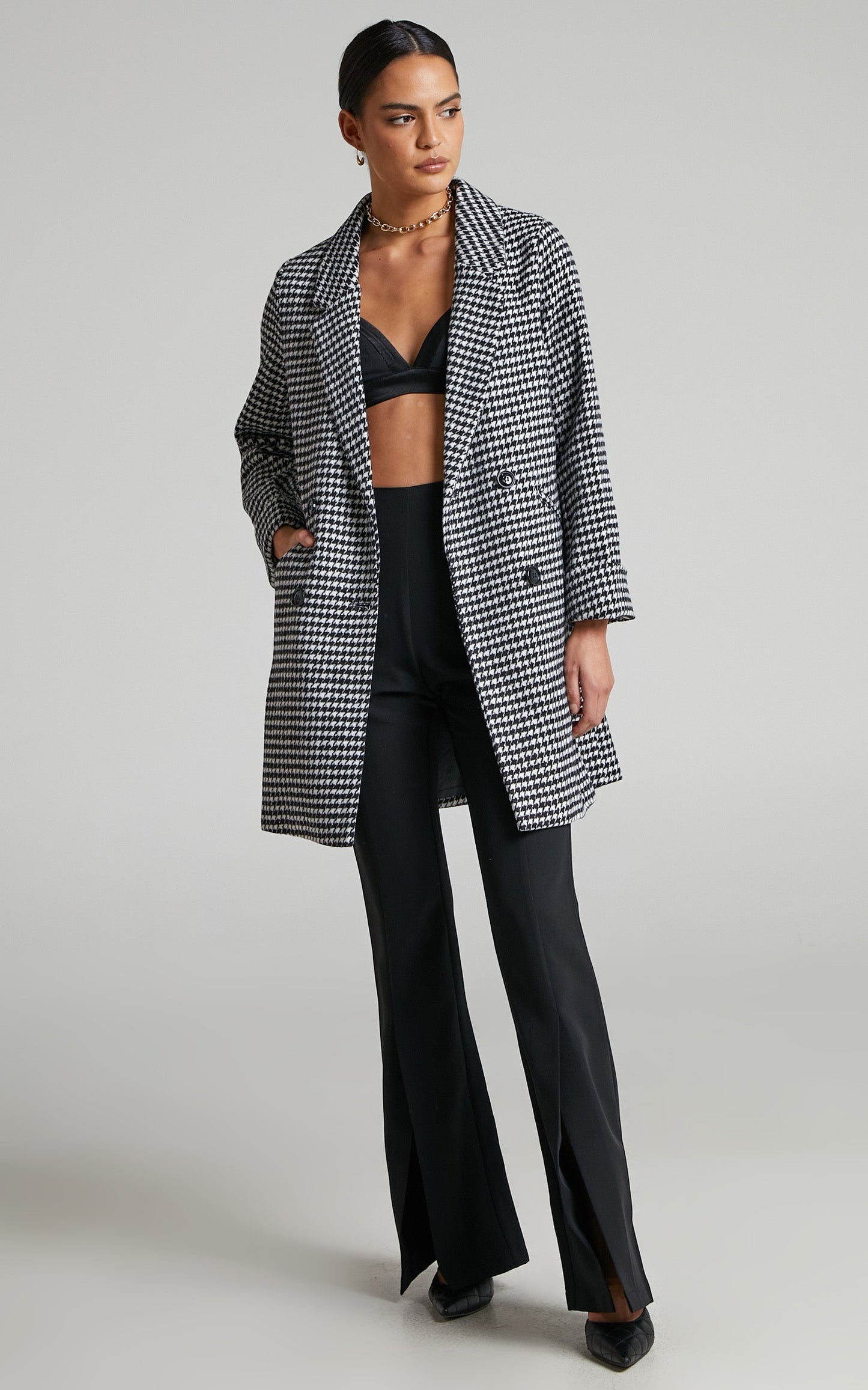 Hermeena Coat - Linen Look Double Breasted Longline Coat in Black/White check