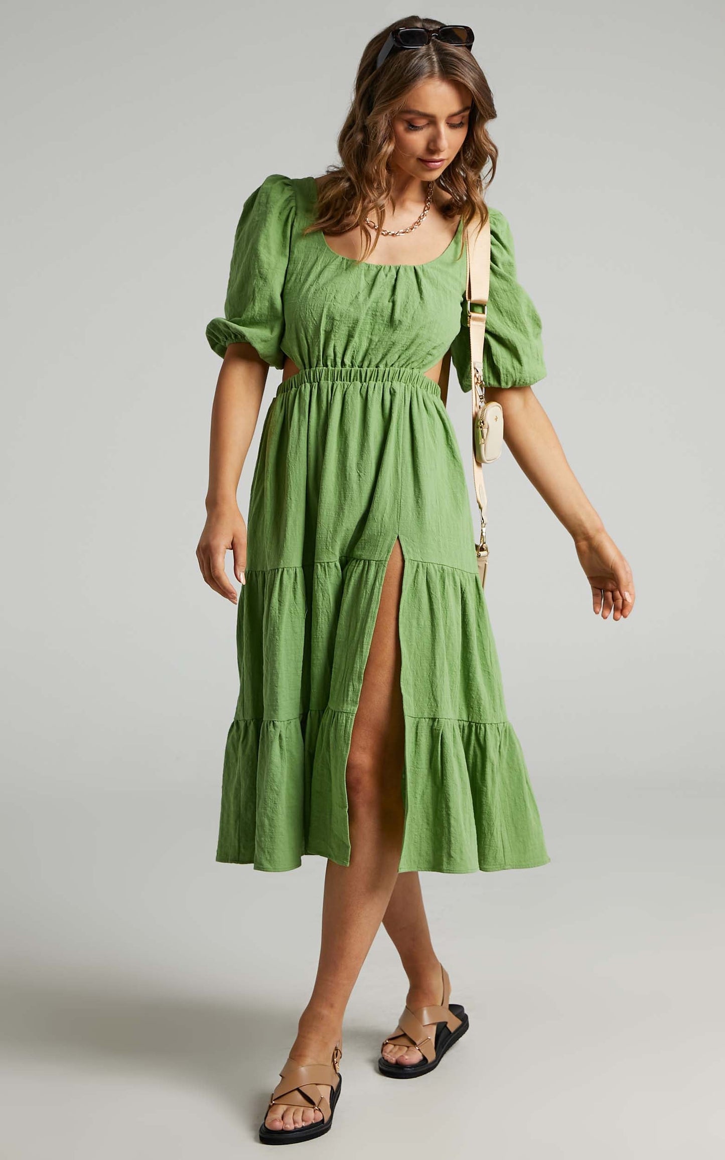 Ianthea Cut Out Tiered Midi  Dress in Green