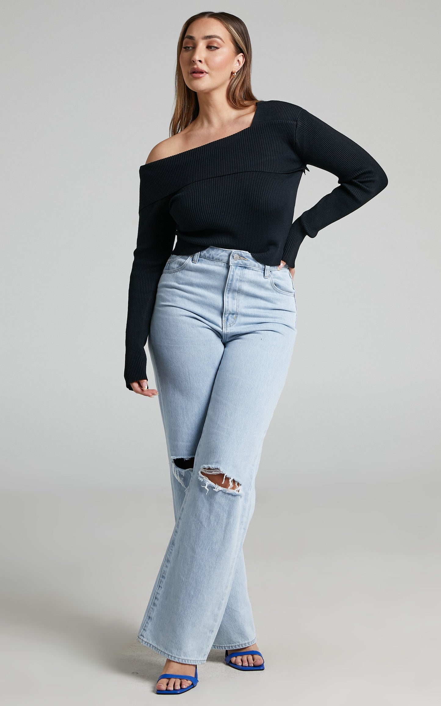 Jemima Off One Shoulder Long Sleeve Top in Black