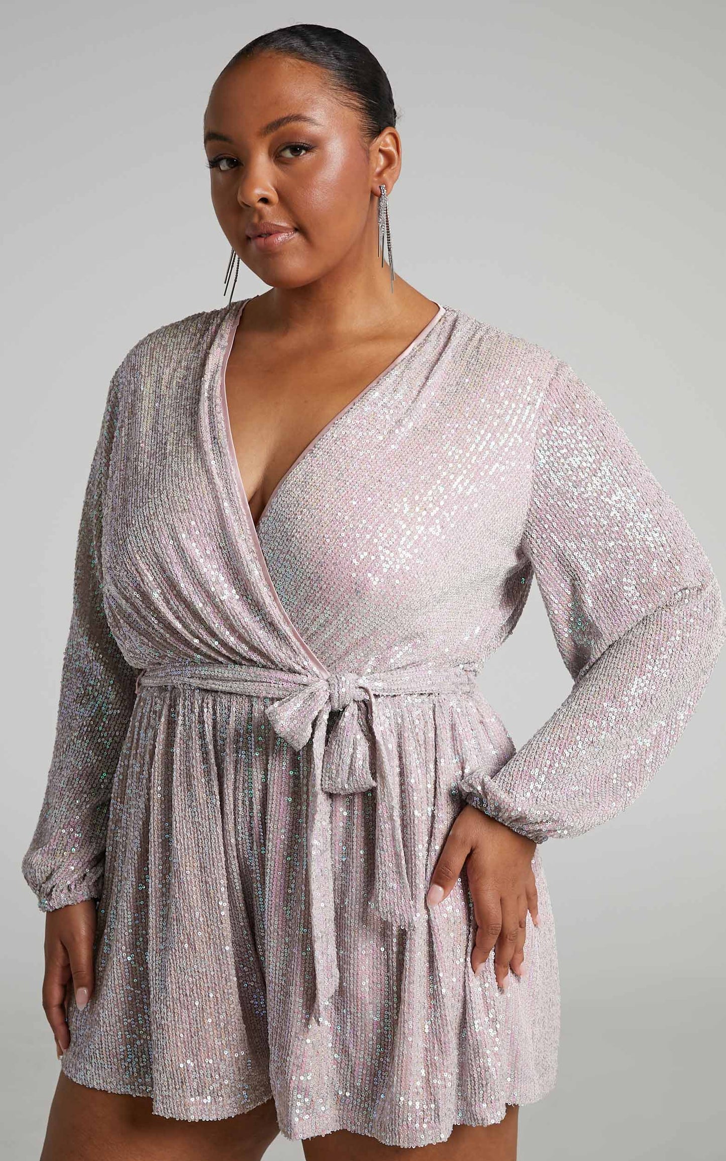 Jessen Playsuit - Tie Waist Balloon Sleeve Playsuit in Blush Sequin