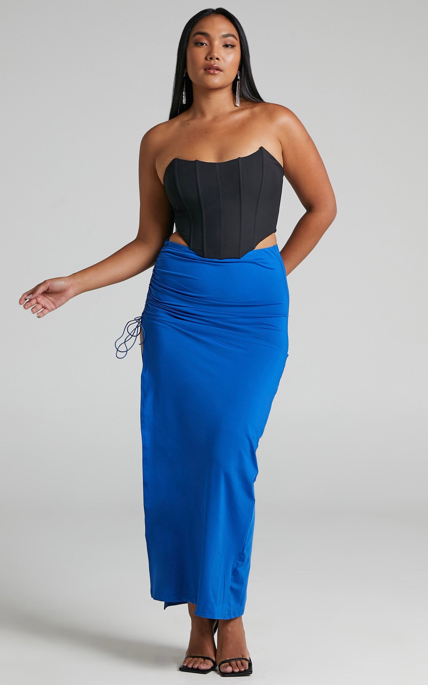 Jiraah Midi Skirt - Ruched Bodycon Side Split Skirt in Blue