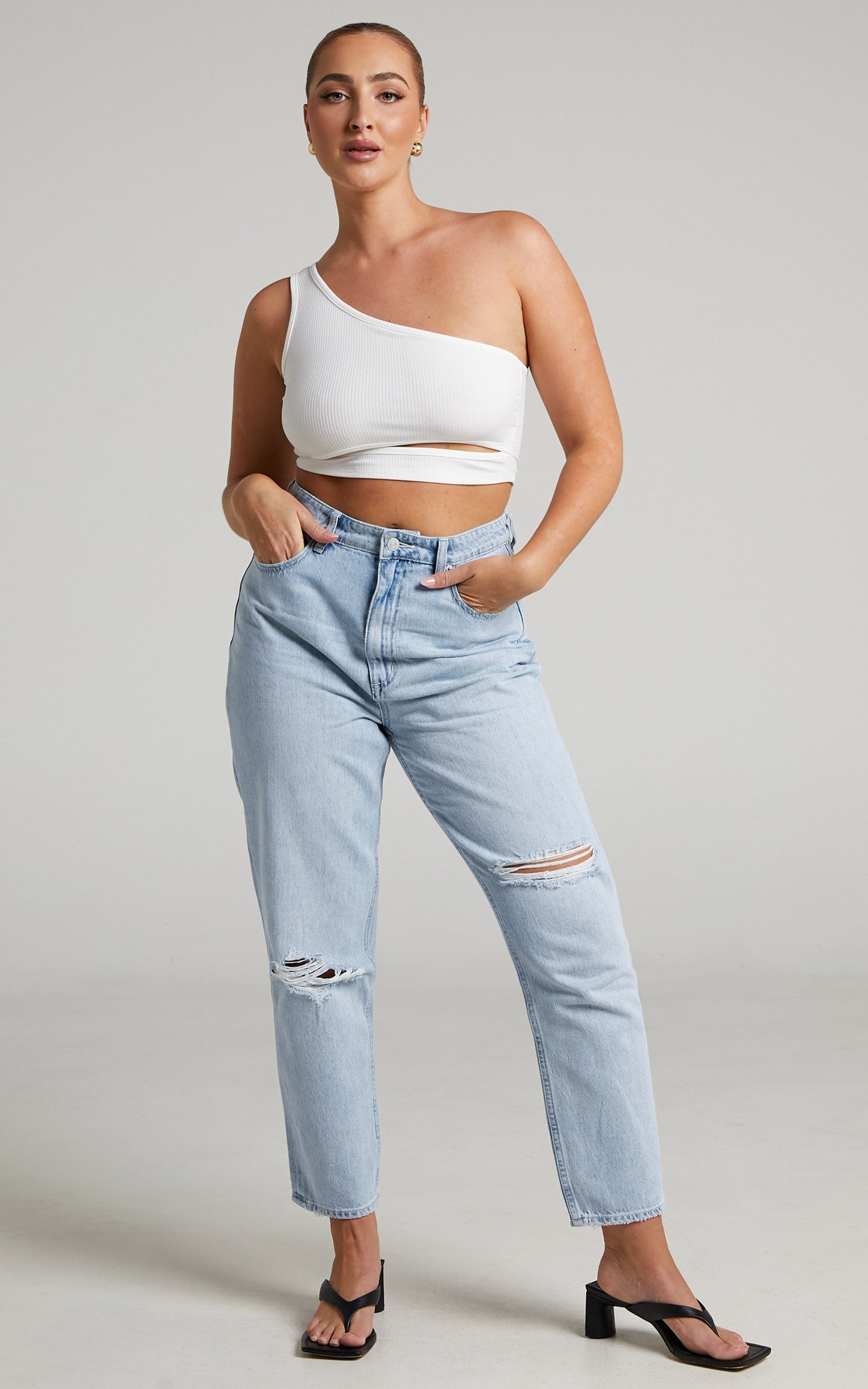Joellyn Top - Asymmetric Front Cut Out Ribbed Crop Tank in White