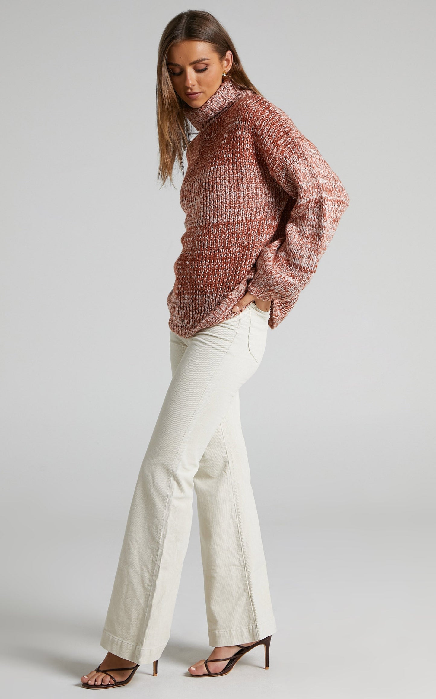 Juney Oversized High Neck Balloon Sleeve Knit Jumper in Beige