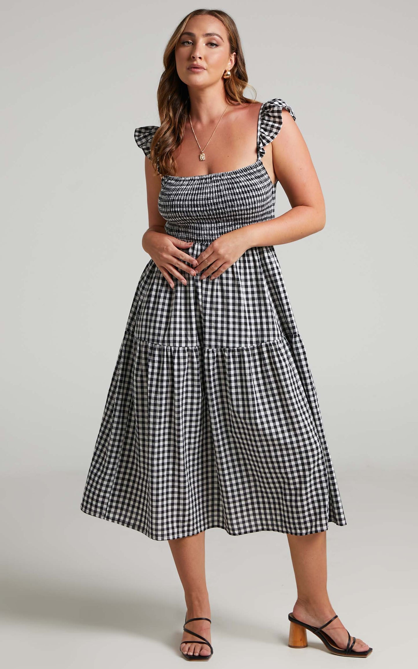 Kamrin Shirred Bodice Frill Sleeve Midi Dress in Black Gingham Print