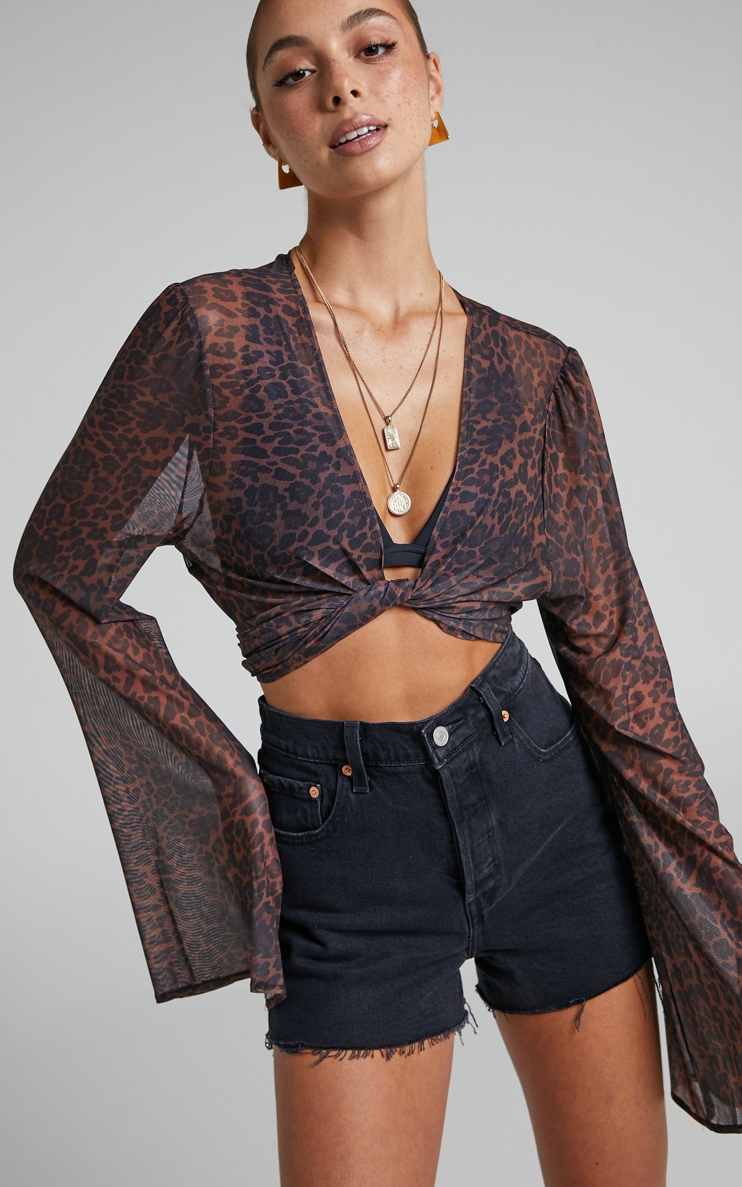 Kerensa Top - Sheer Tie Front Bell Sleeve Top in Winter Wild