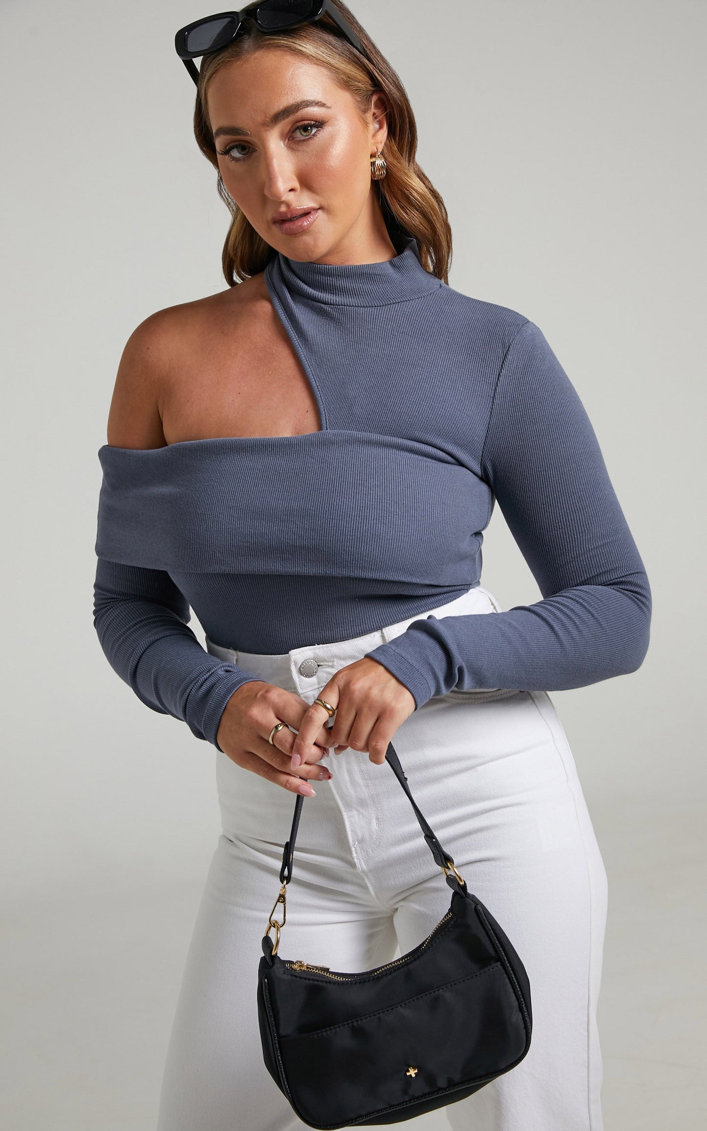 Kiefer Top - Asymmetric Long Sleeve Cutout Top in Blue