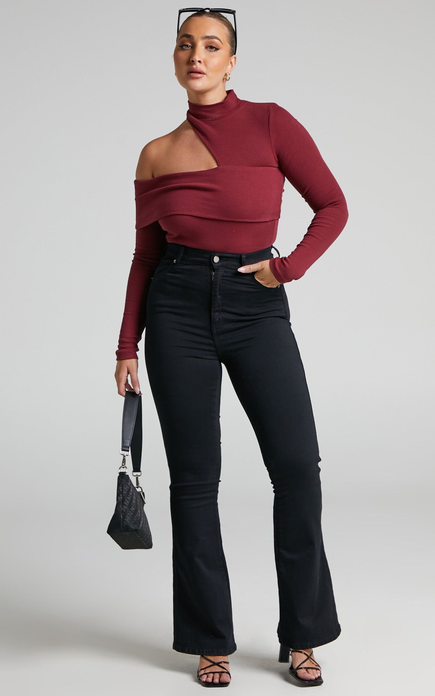 Kiefer Top - Asymmetric Long Sleeve Cutout Top in Wine