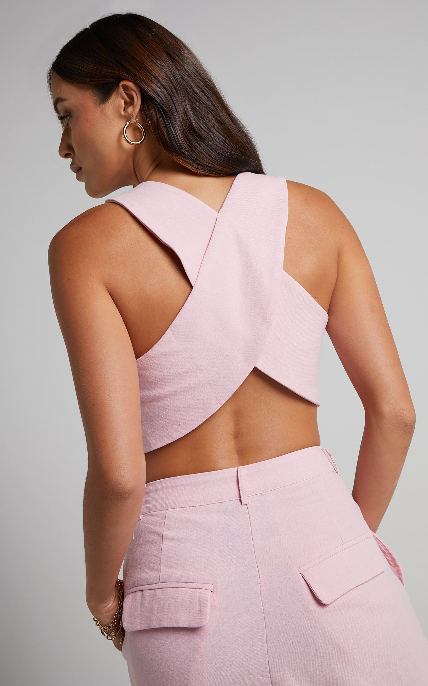 Larissa Waistcoat Top - Linen V Neck Cross Back Top in Musk