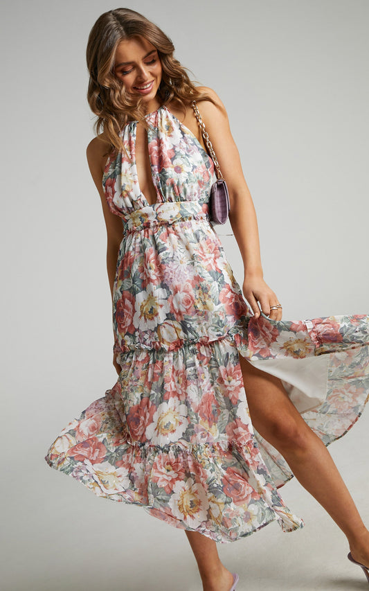 Lille Halter Lurex Chiffon Cocktail Dress in Heritage Floral