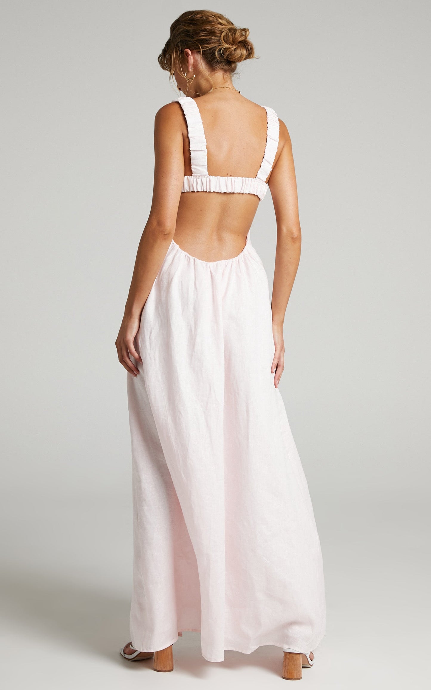 Amalie The Label - Lucia Linen Elasticated Strap Backless Maxi Linen Dress in Off White