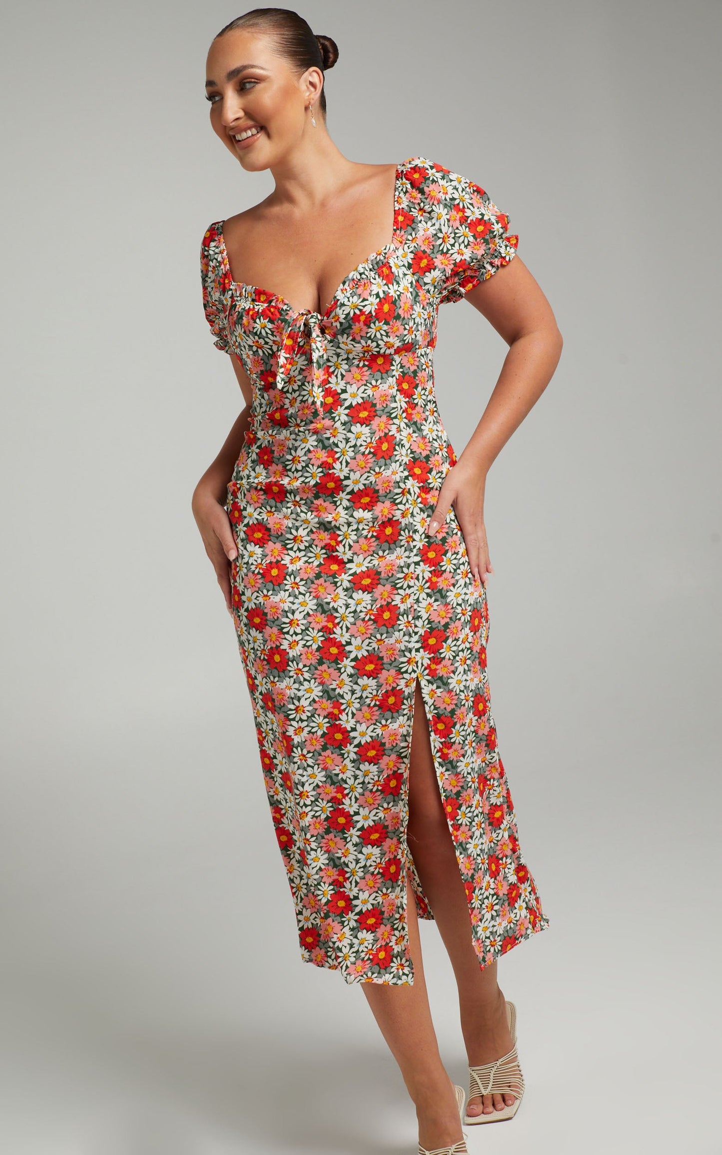 Patty Midi Dress with Front Bust Tie in Navy Floral