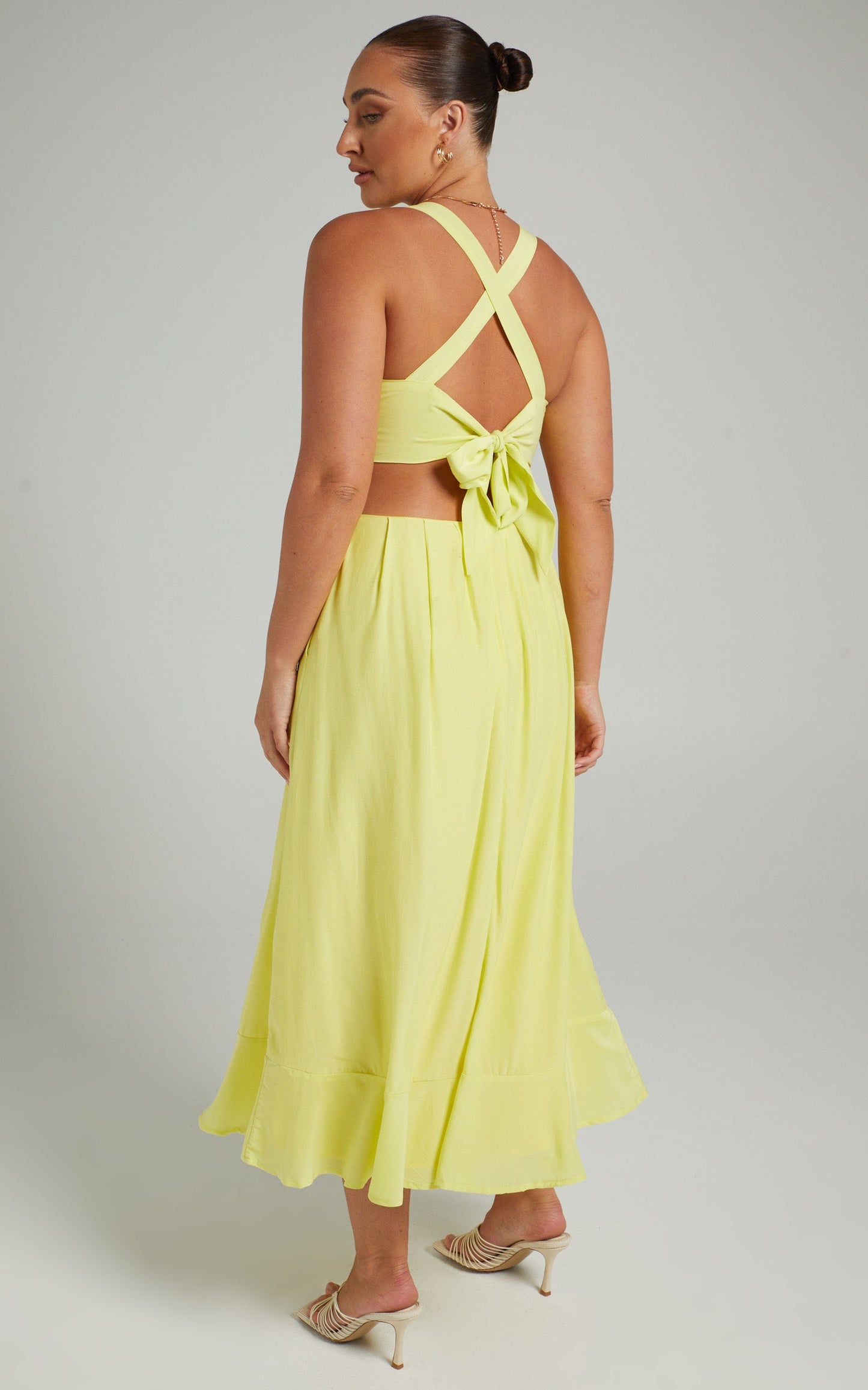 Leontine Midi Dress with Tie Up Back in Lemon