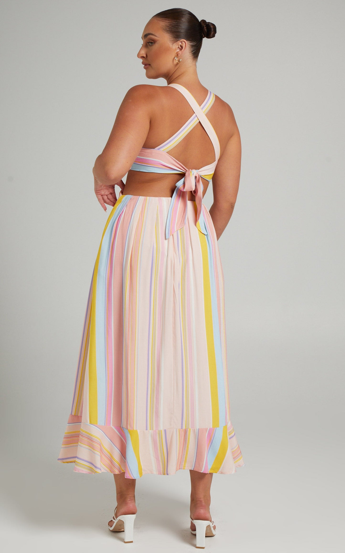Vanny Cross Back Tie Up Maxi Dress in Summer Multi Stripe