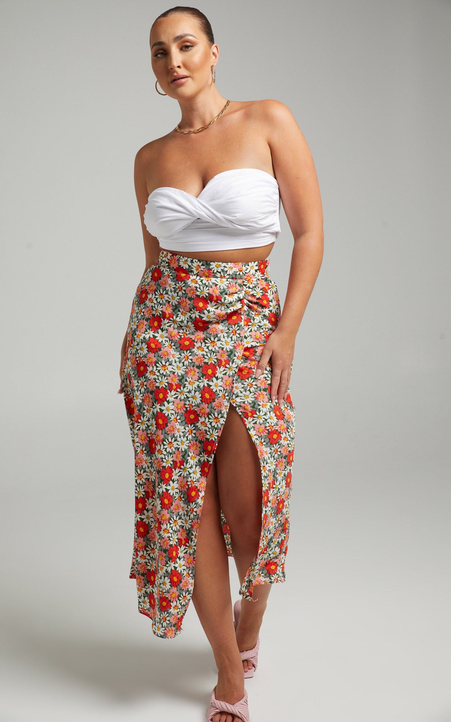 Jessibelle Midi Skirt with Leg Split in Navy Floral