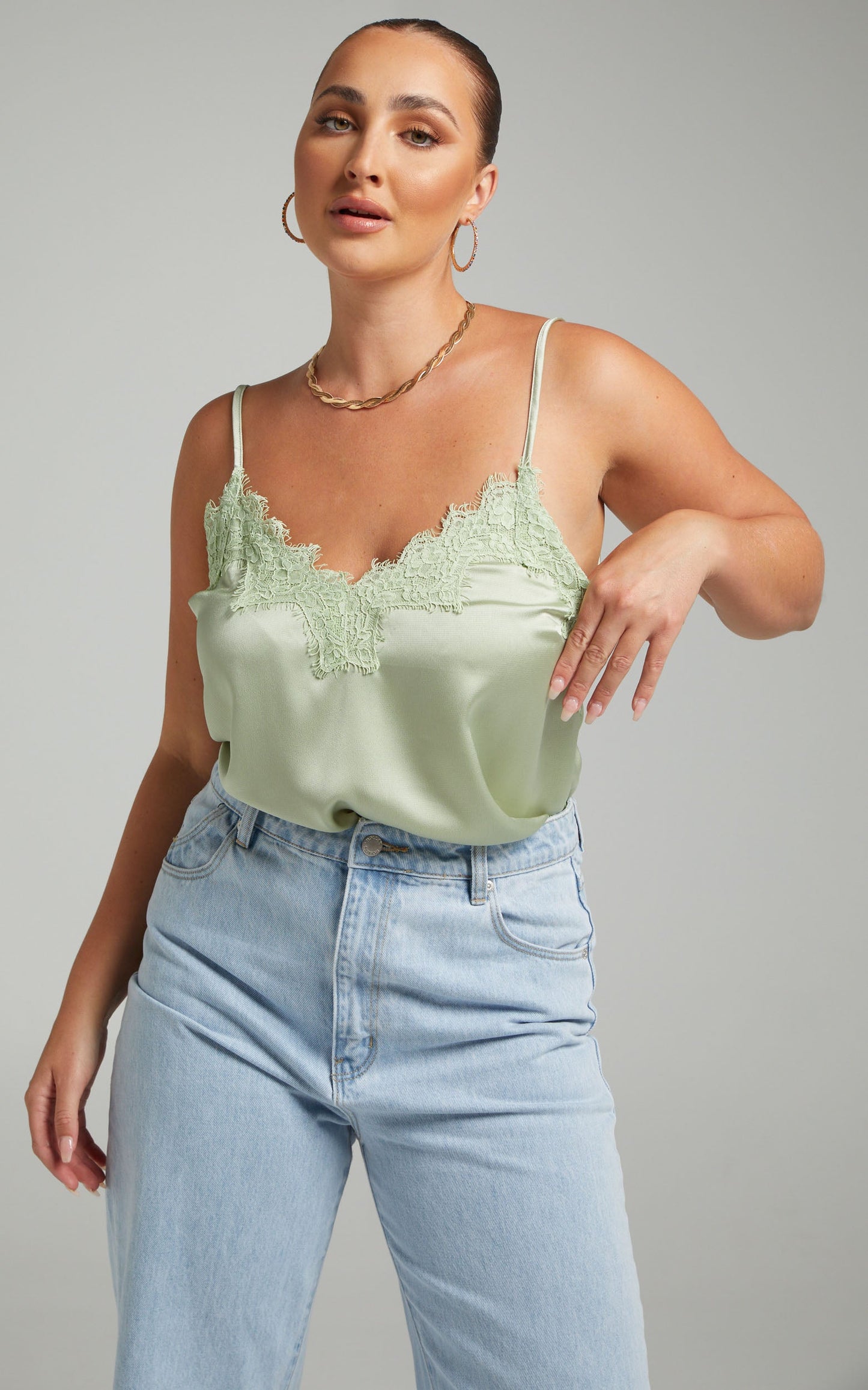 Jennifer Lace Trim Cami in Green Satin