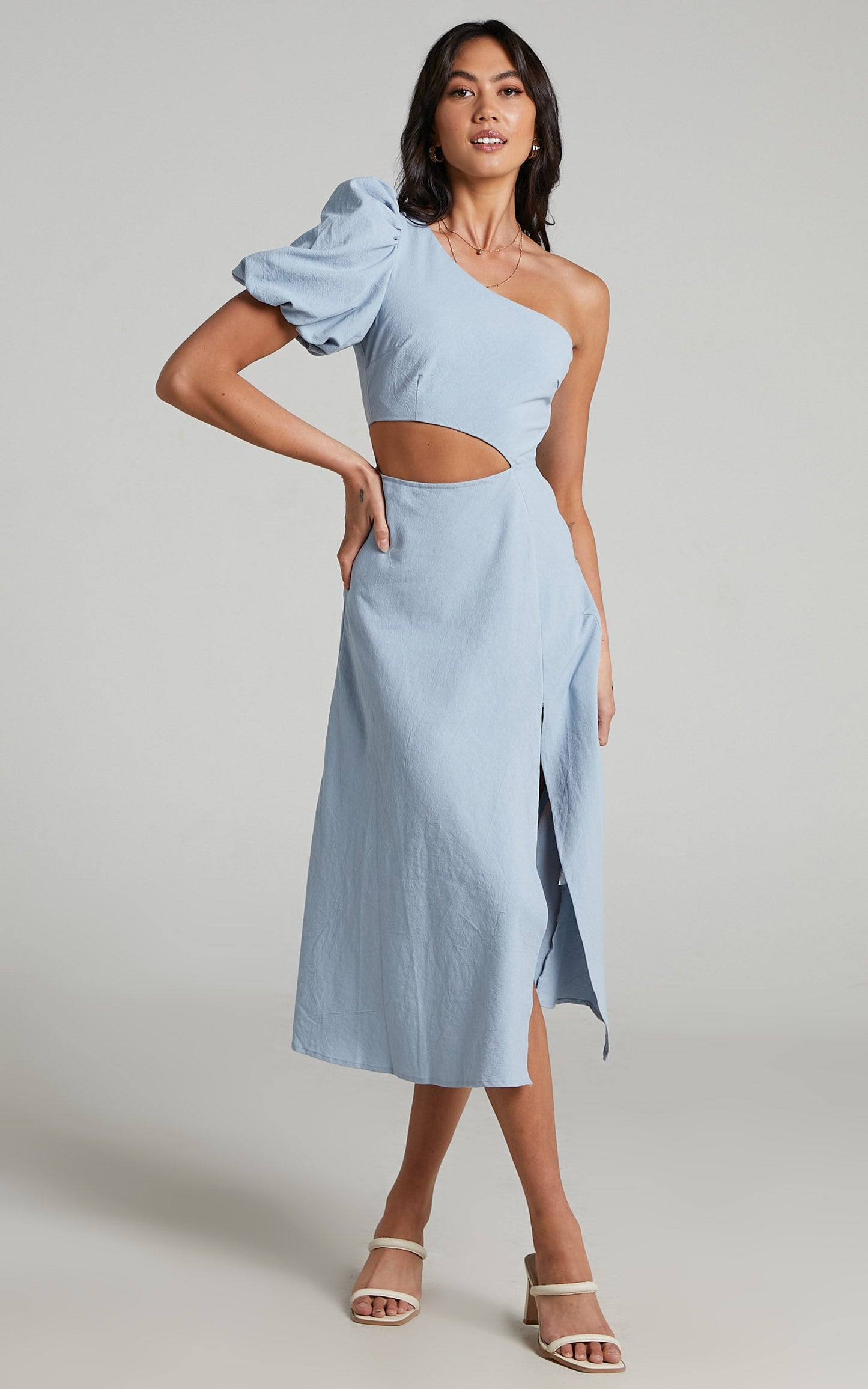 Marcia Midi Dress - One Shoulder Dress with Side Cut Out in Cornflower Blue Linen Look