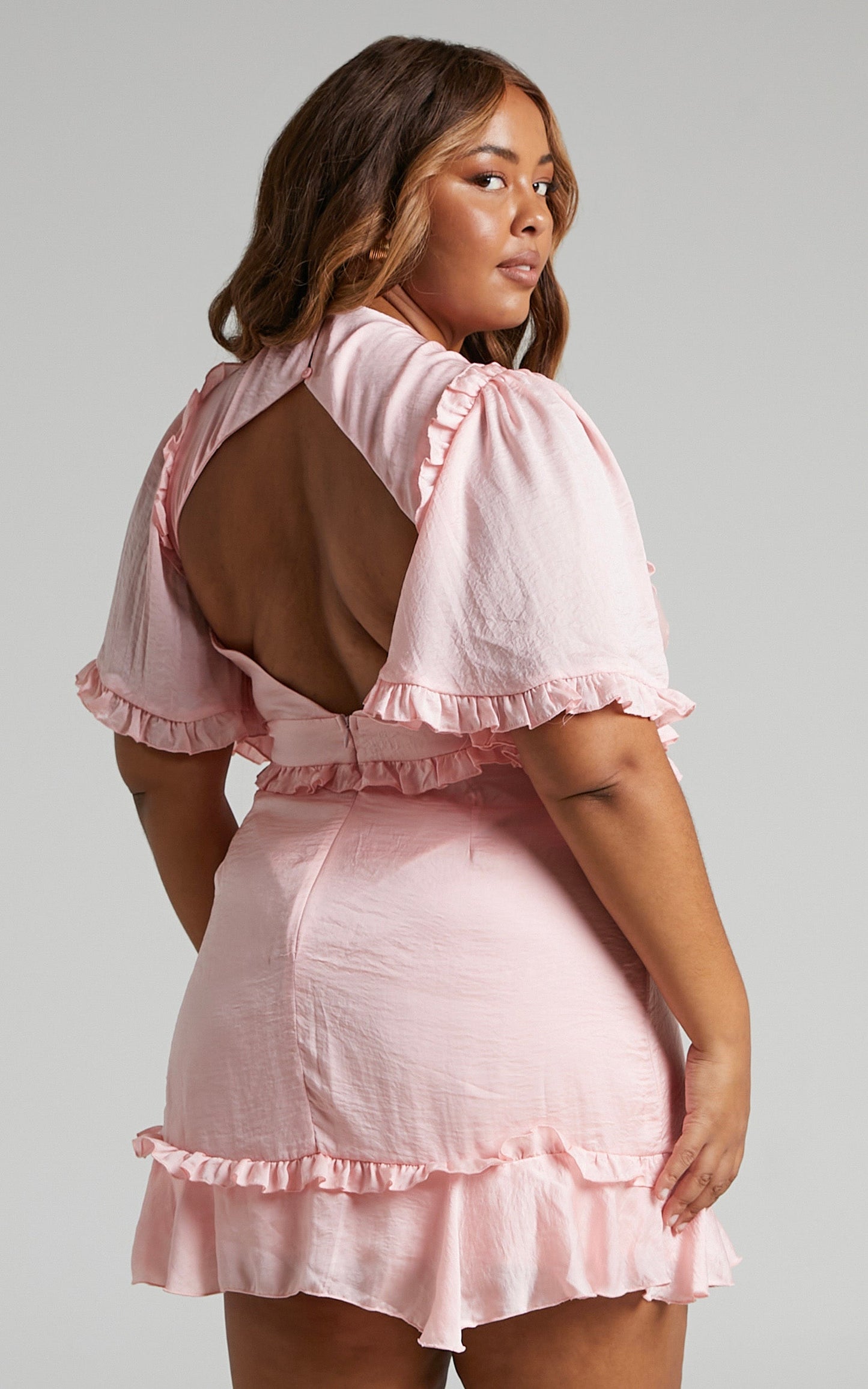 Maricris Mini Dress - Open Back Bell Sleeve Frill Dress in Dusty Pink
