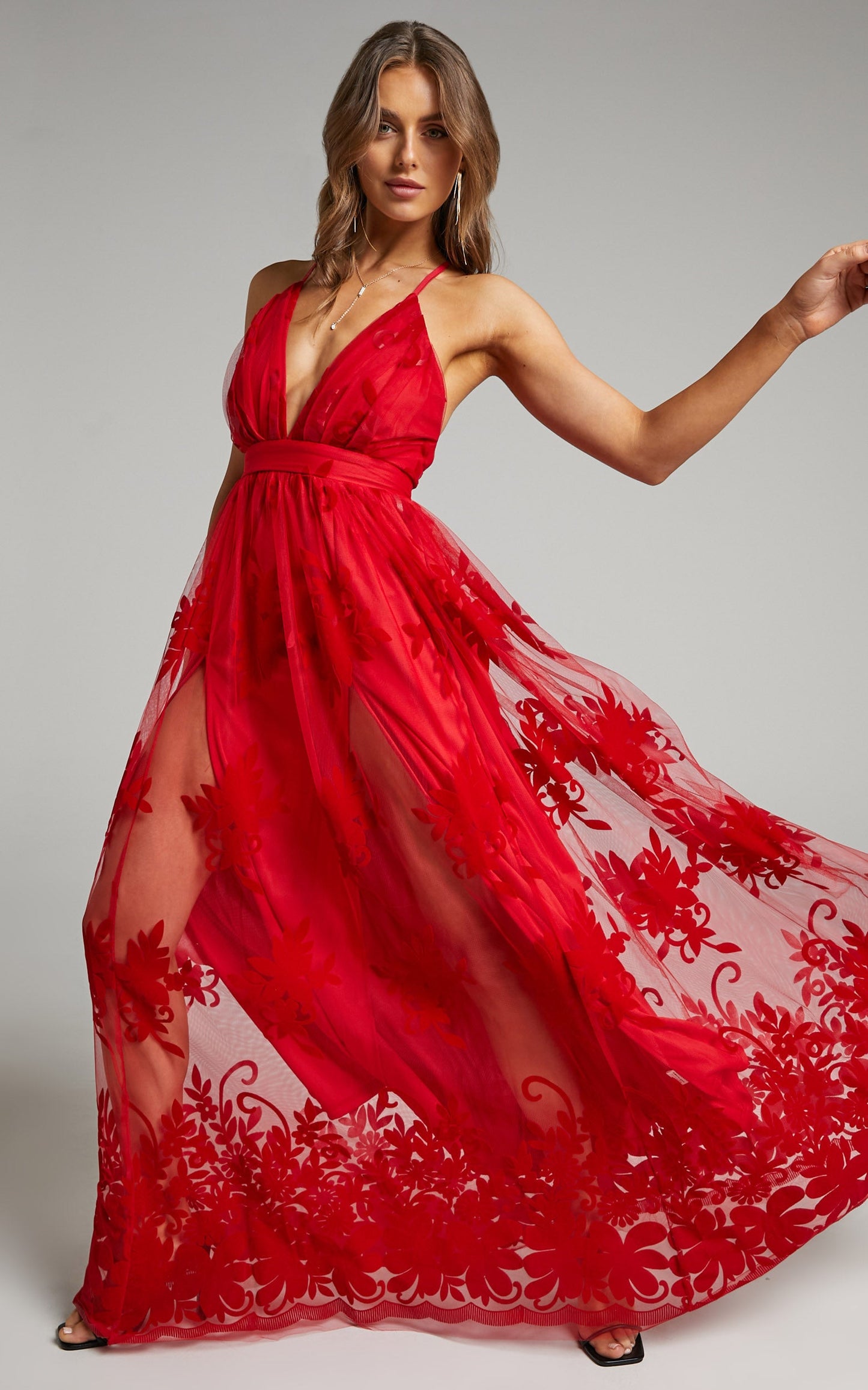 Marissa Velvet Applique Tulle Plunge Maxi Dress in Red