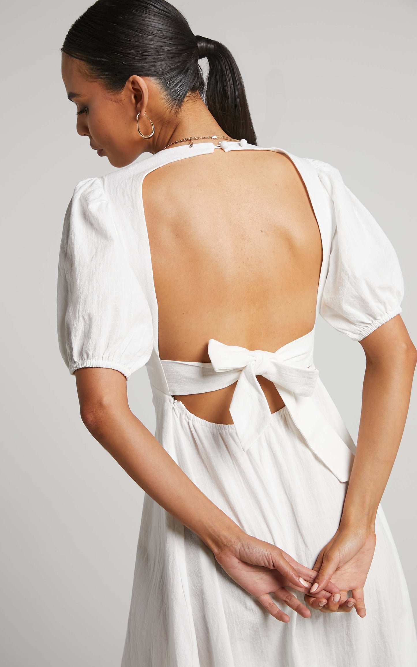 Marsha Midi Dress - Ring Detail Tie Back Puff Sleeve Dress in White