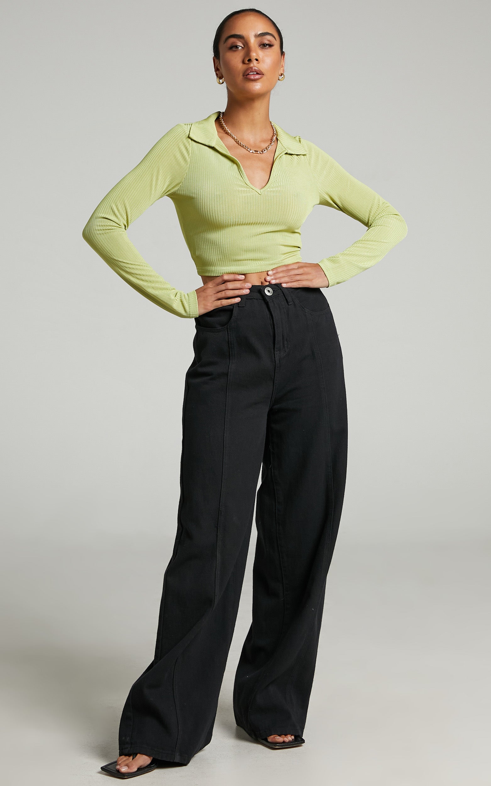 Marvel Collared Long Sleeve Top in Green Rib