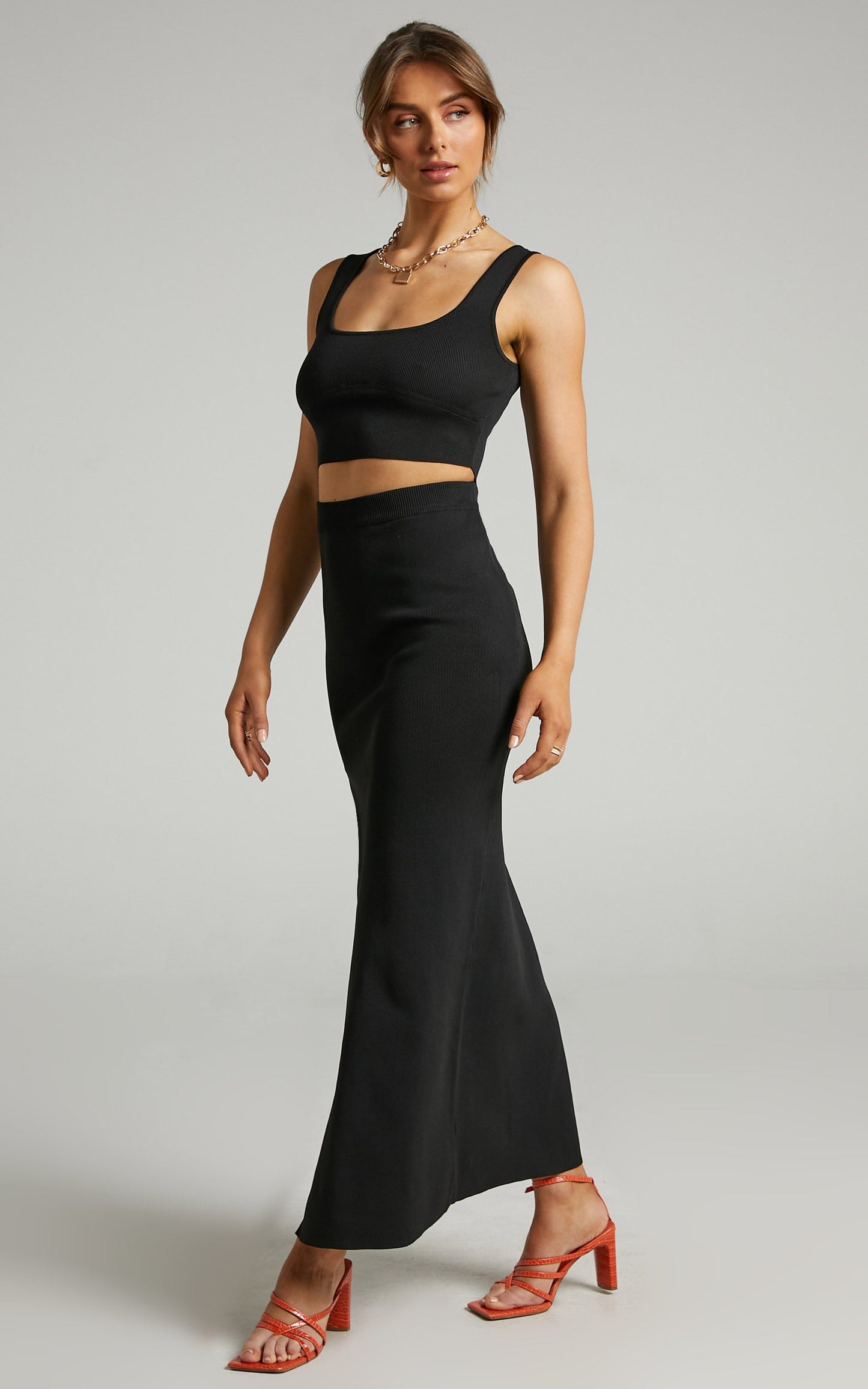 Matina Two Piece Set - Fitted Crop Top and Thigh Split Midi Skirt Ribbed Set in Black