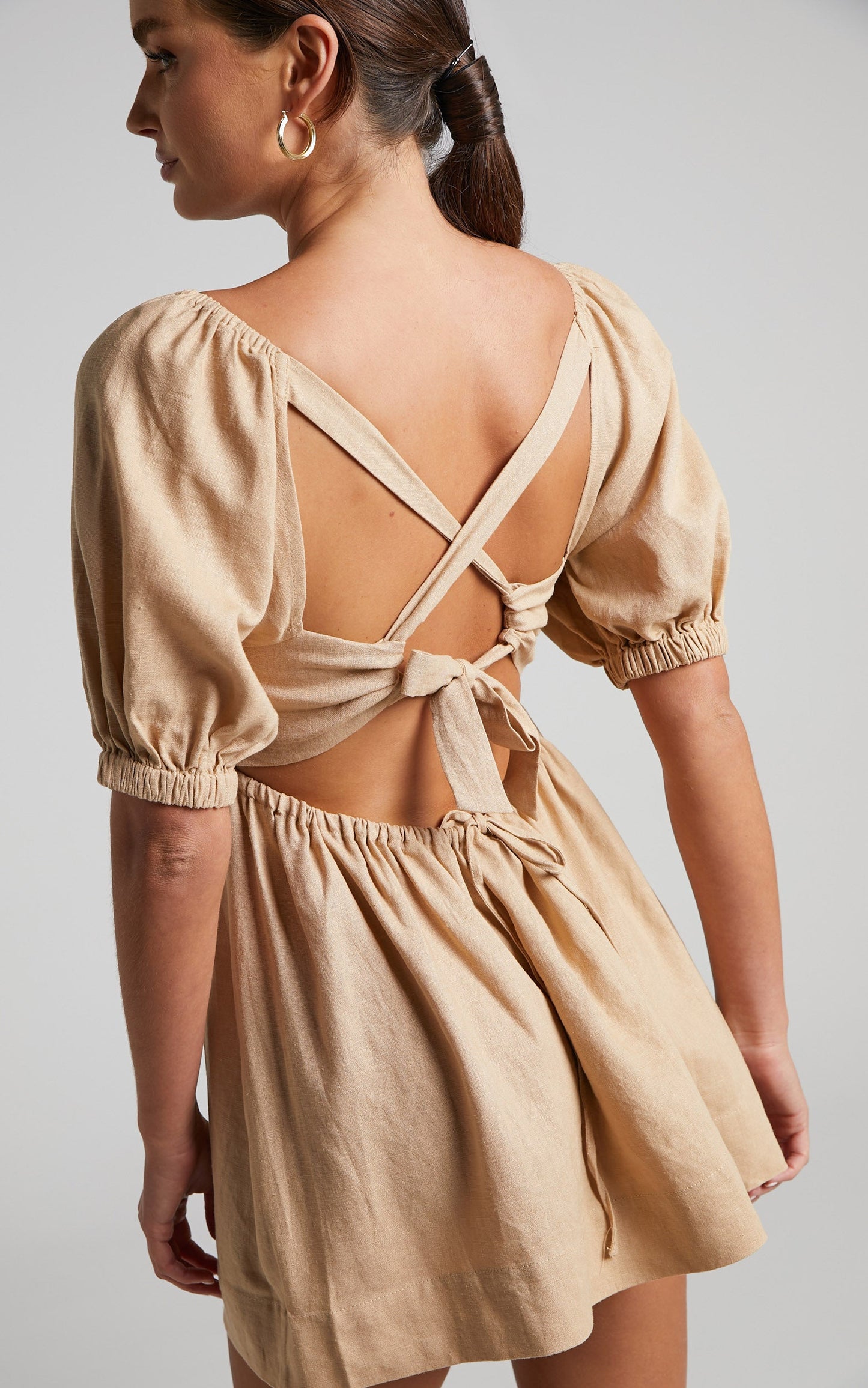 Matty Mini Dress - Linen Strappy Back Puff Sleeve Baby Doll Dress in Beige