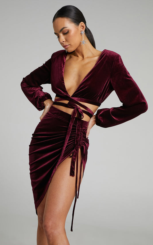 Maybelyn Mini Skirt - Velvet Ruched Asymmetric Skirt in Burgundy