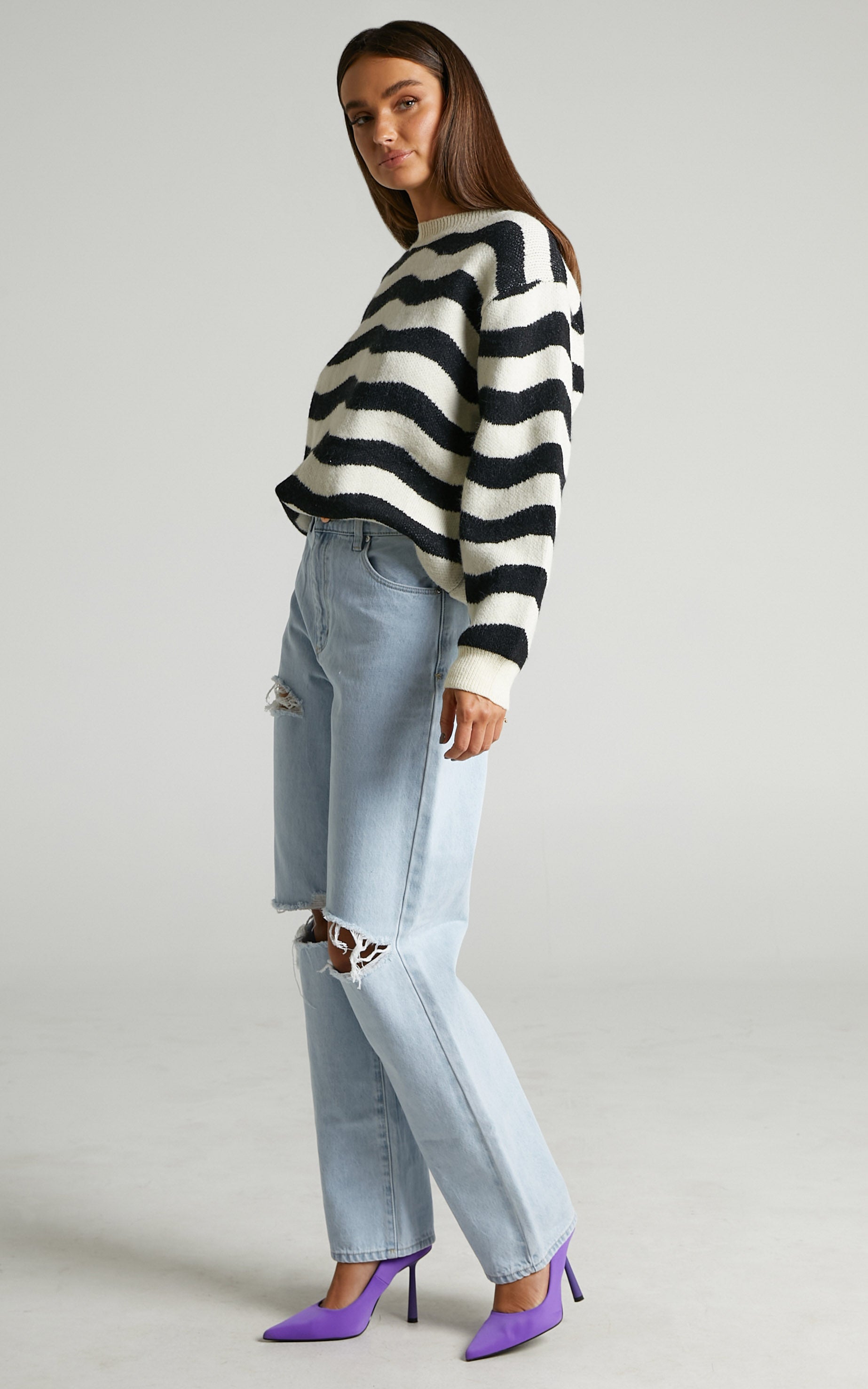 Meredith Oversized Striped Knit Jumper in Cream/Black