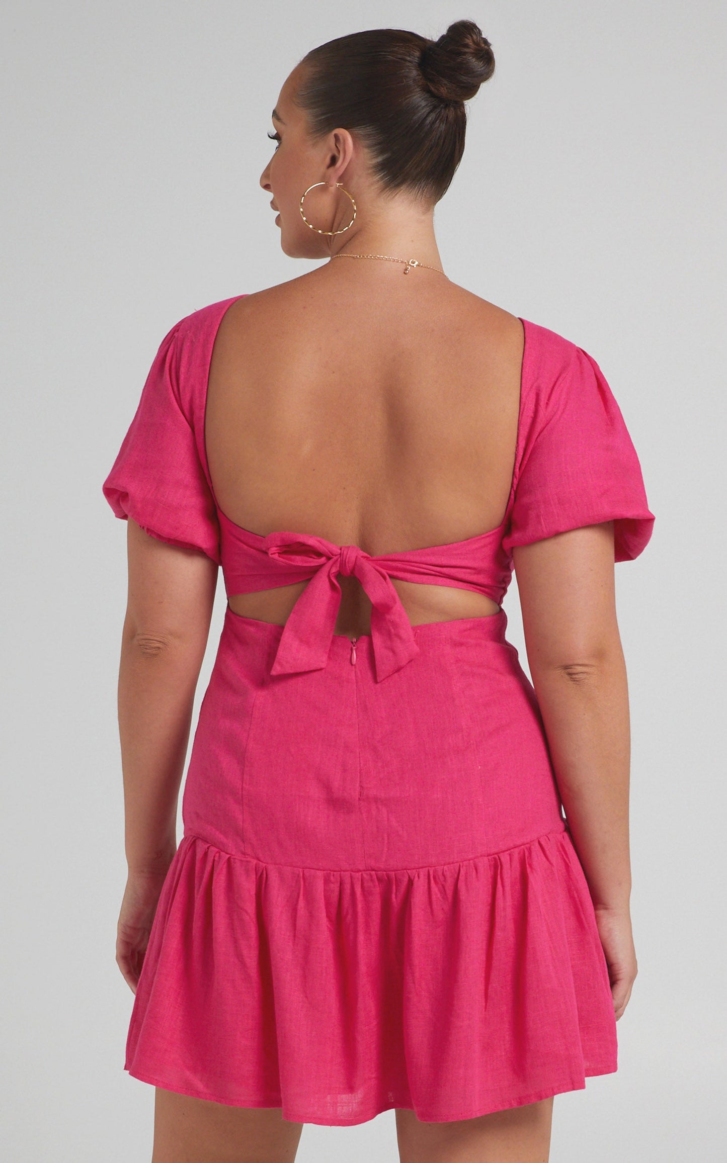 Nazeli Mini Dress - Linen Look Cut Out Puff Sleeve Linen Dress in Pink