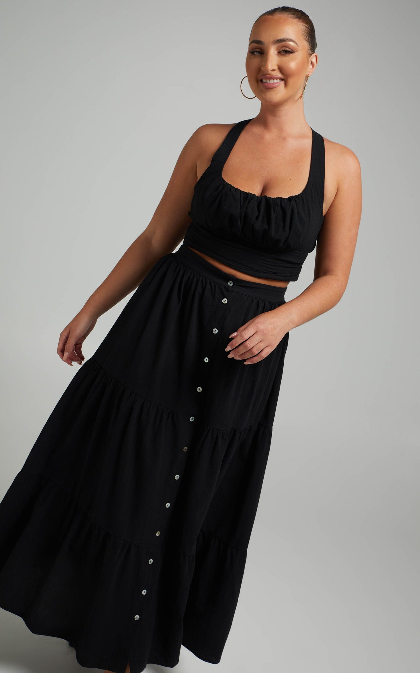 Arabella Tiered Button Front Maxi Skirt in Black