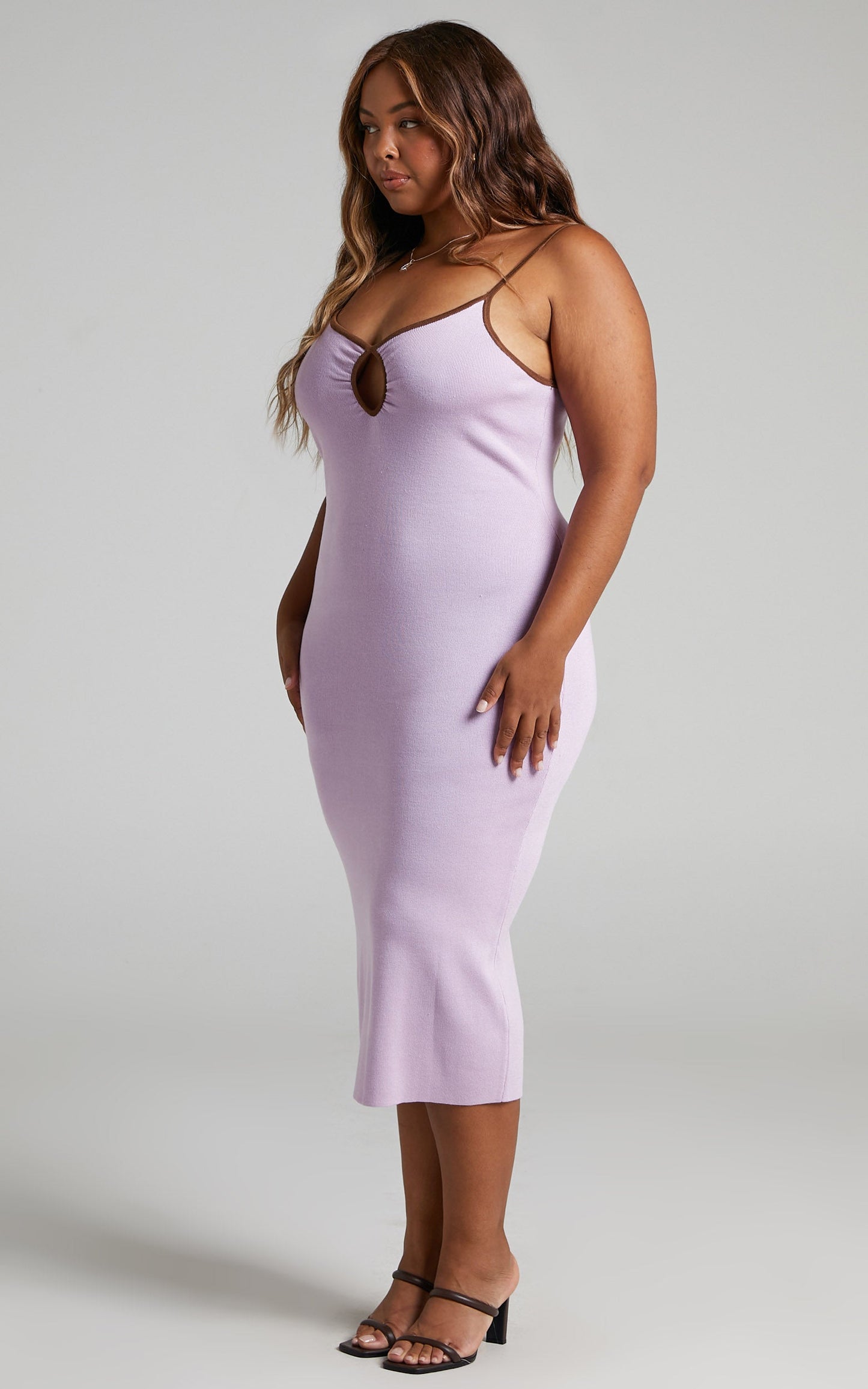 Millicent Keyhole Detail Strappy Knit Bodycon Midi Dress in Lilac