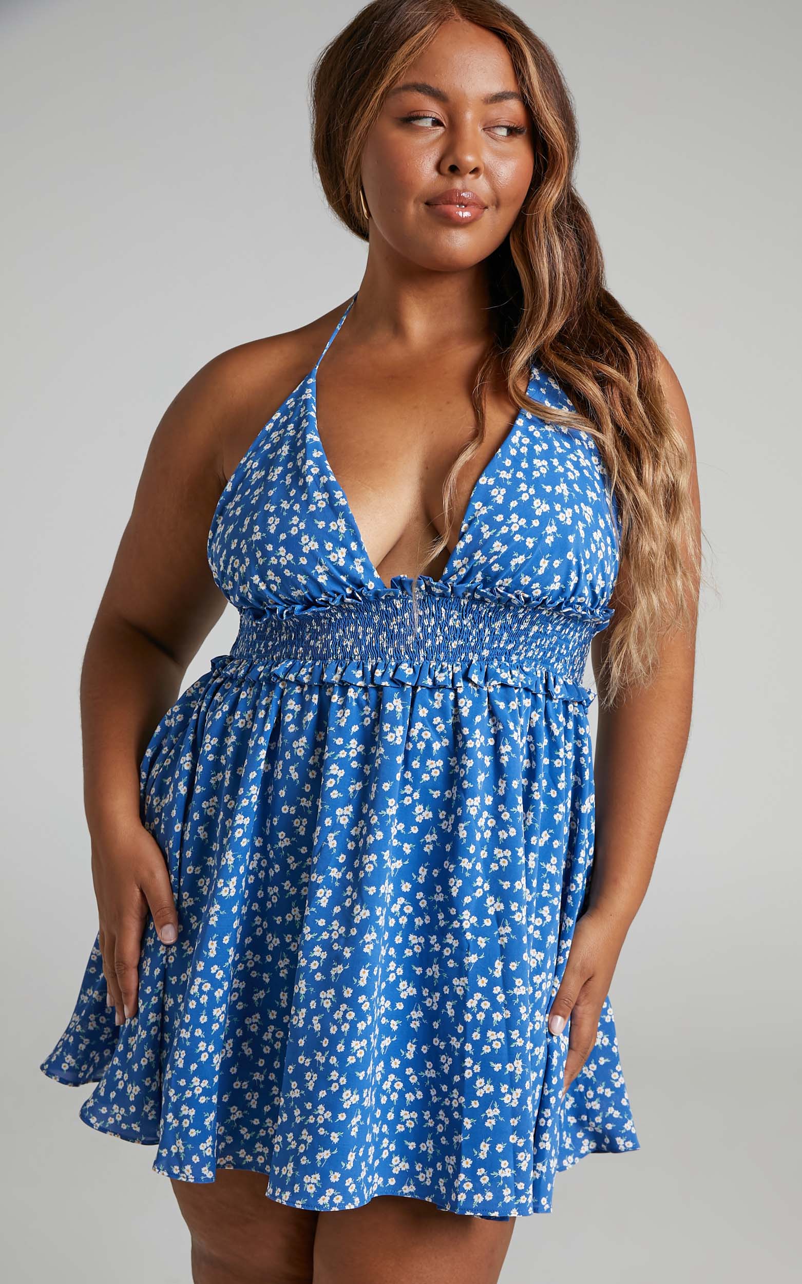 Mirasol Halter Shirred Waist Mini Dress in Blue Floral