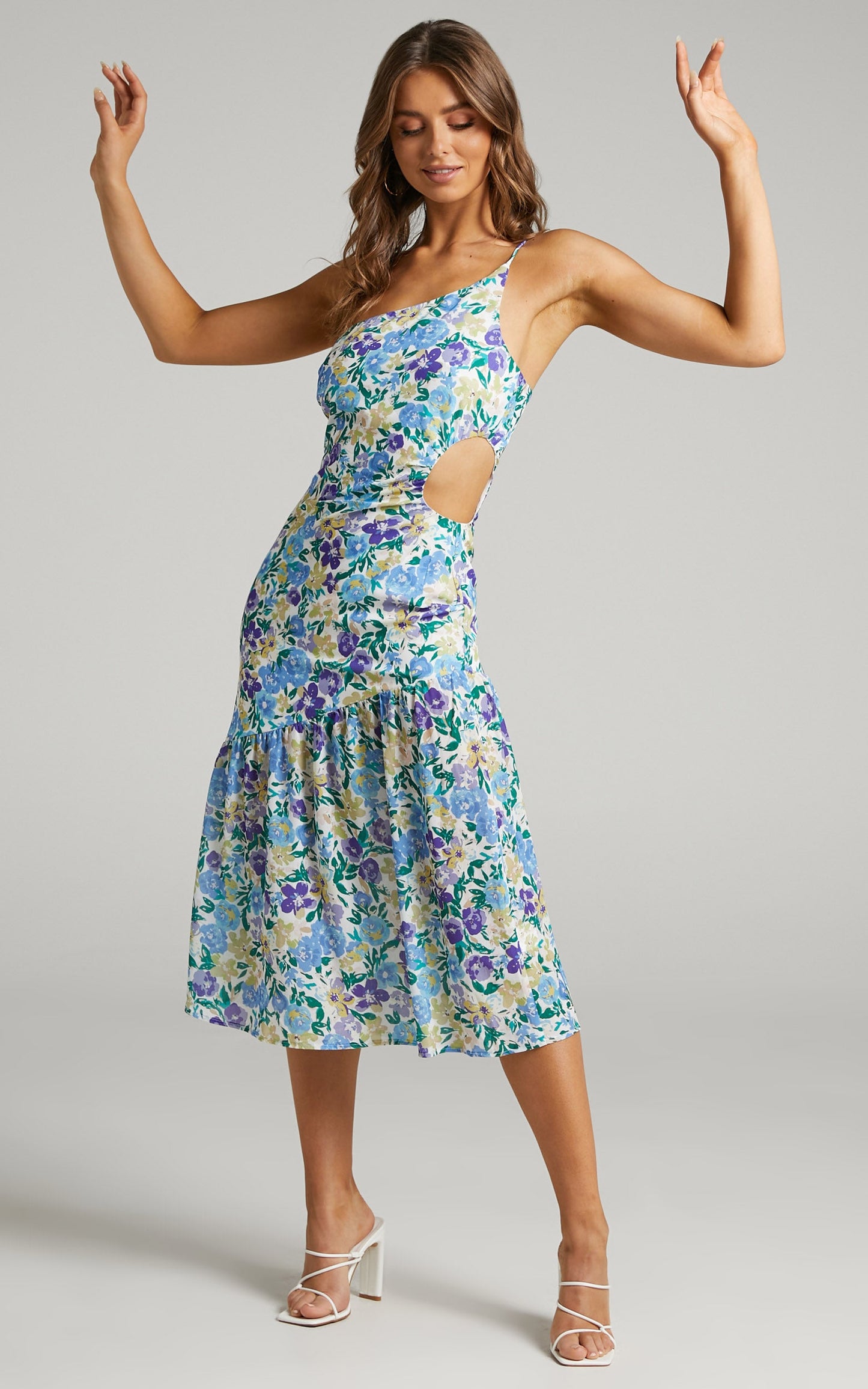 Myeshia Cut Out One Shoulder Midi Dress in Lavender Fields