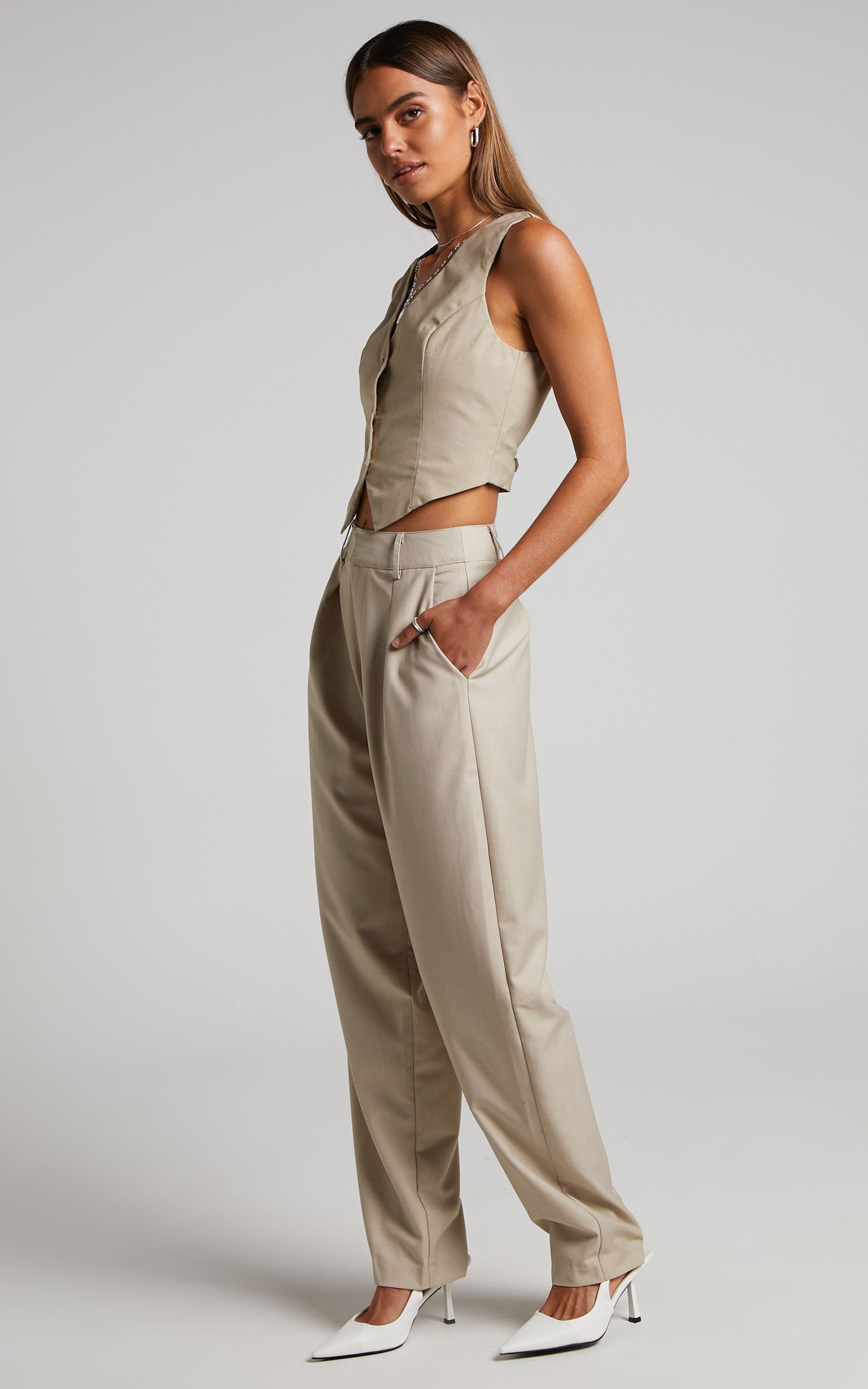 Patsy Trousers - Mid Waisted Pleat Front Tailored Trousers in Stone