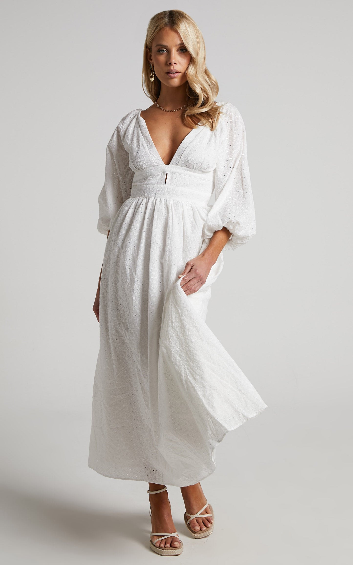 Philippa Midi Dress - Plunge Neck Long Sleeve Broderie Dress in White Broderie Anglaise