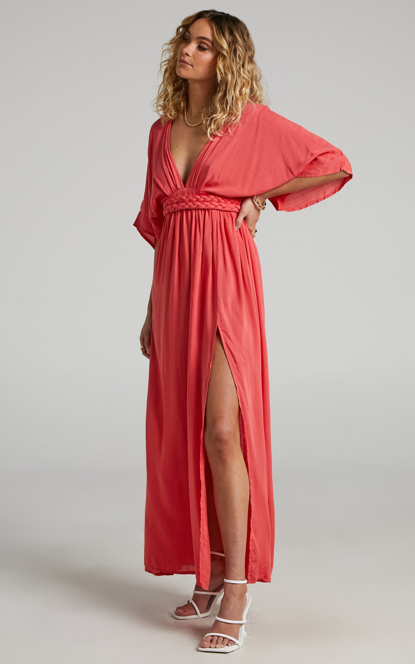 Phillipha Underbust Tie Angel Sleeve Maxi Dress in Watermelon
