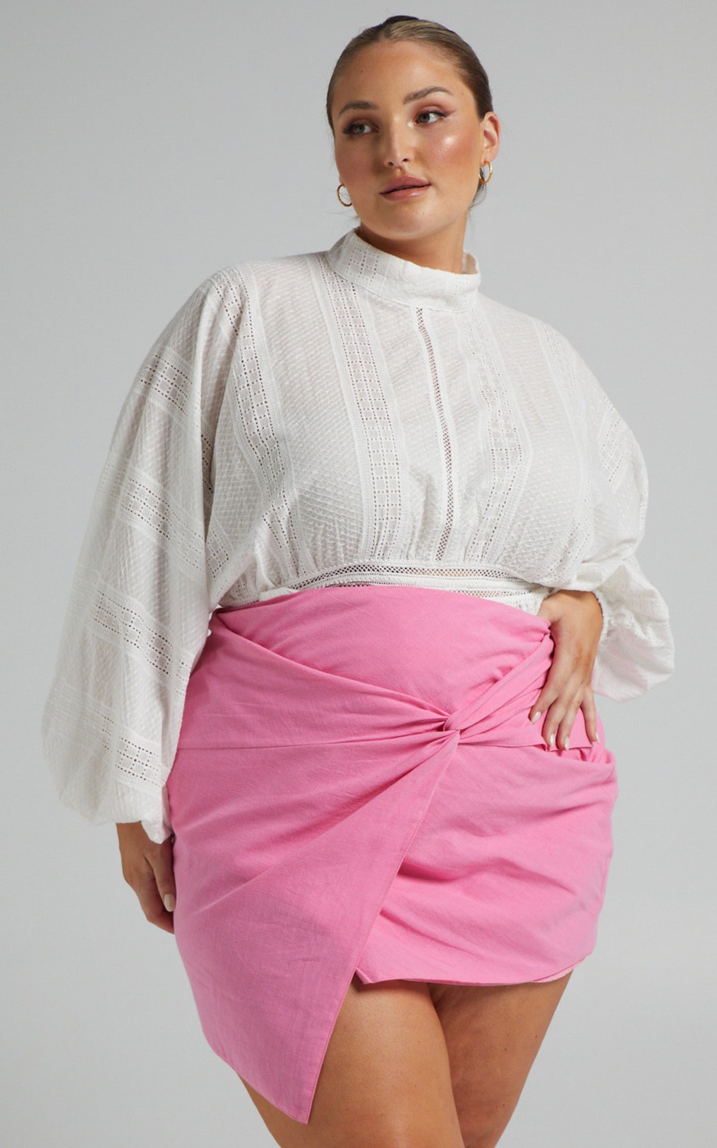 Court High Neck Long Sleeve Top in White Broderie