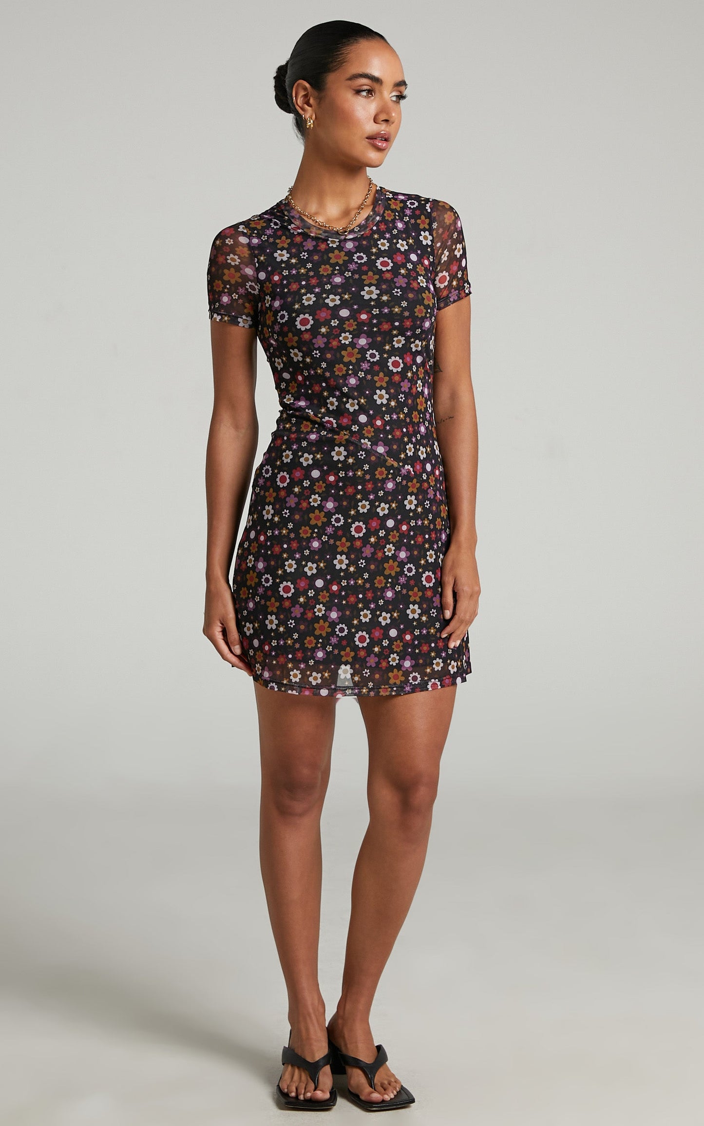 Presilla Short Sleeve Mesh Mini Dress in Black Floral