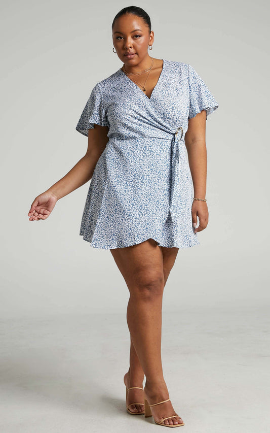 Prudence Mini Dress - Flutter Sleeve Wrap Dress in Blue Floral
