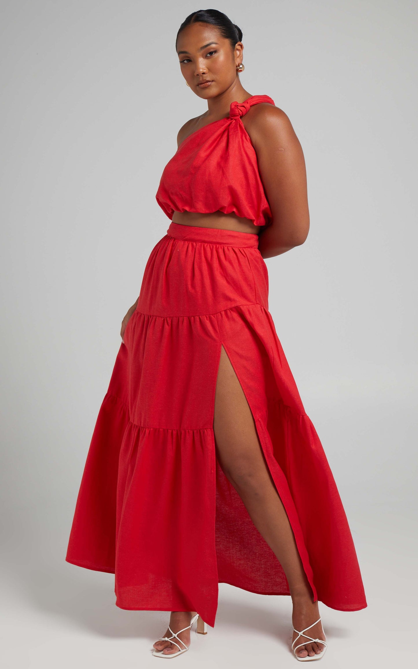 Aerilyn Two Piece Set - Linen One Shoulder Crop Top and Midi Skirt Set in Red