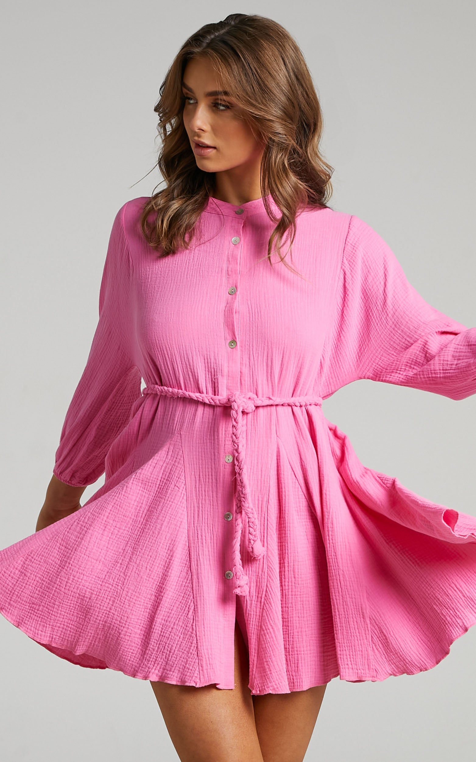 Raphaelle Mini Dress - Long Sleeve Button Up Dress in Pink