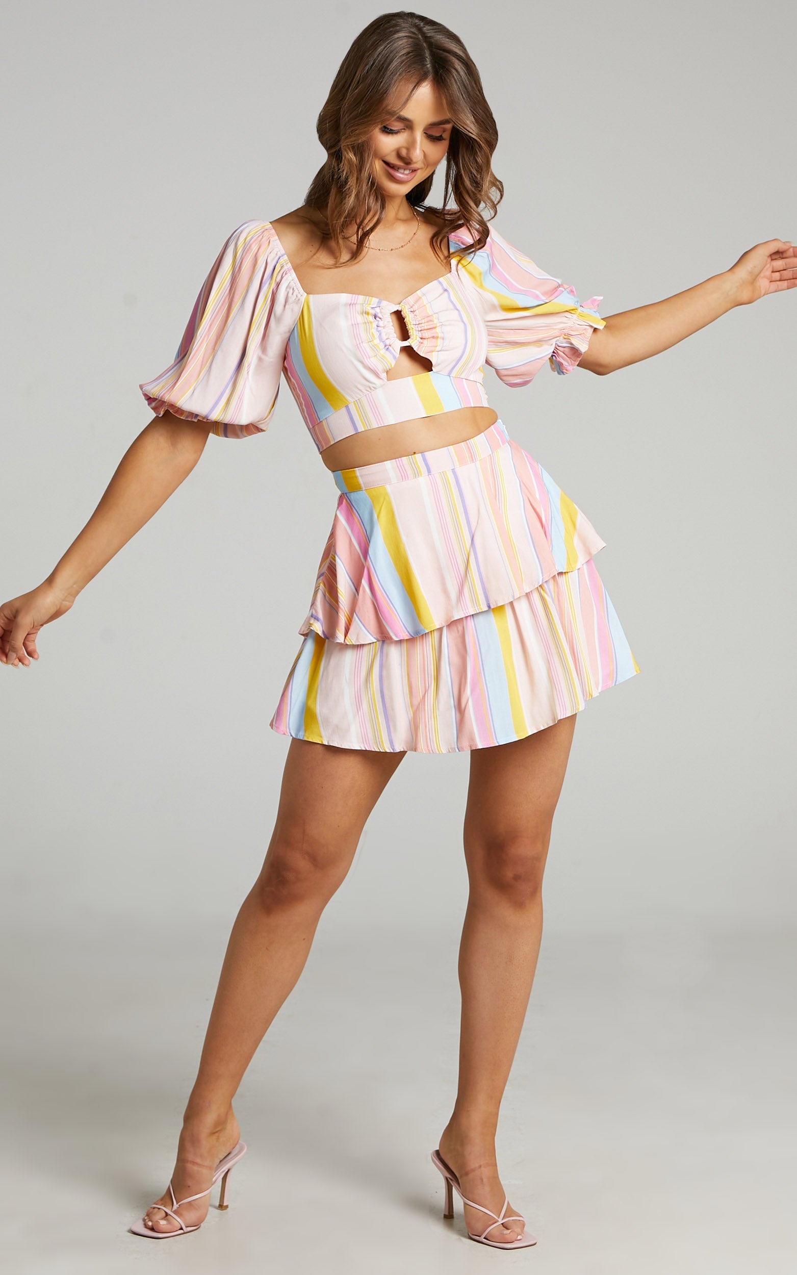 Ressy Mini Skirt - Tiered Frill Skirt in Summer Multi Stripe