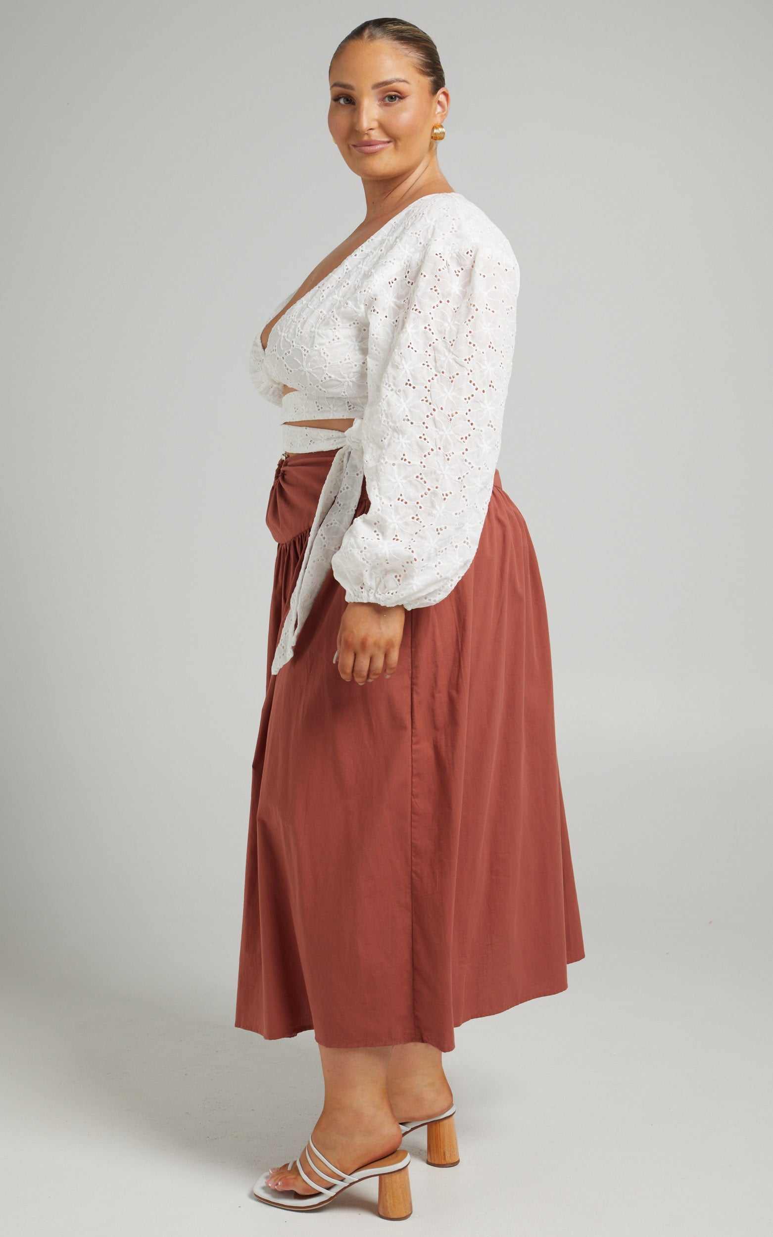 Hyra Midi Skirt - Ring Detail Gathered Yoke Skirt in Rust