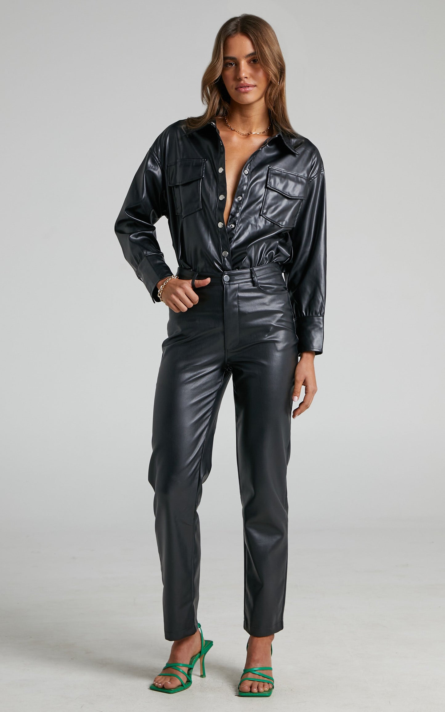 Selenia Shirt - Button Front Faux Leather Shirt in Black