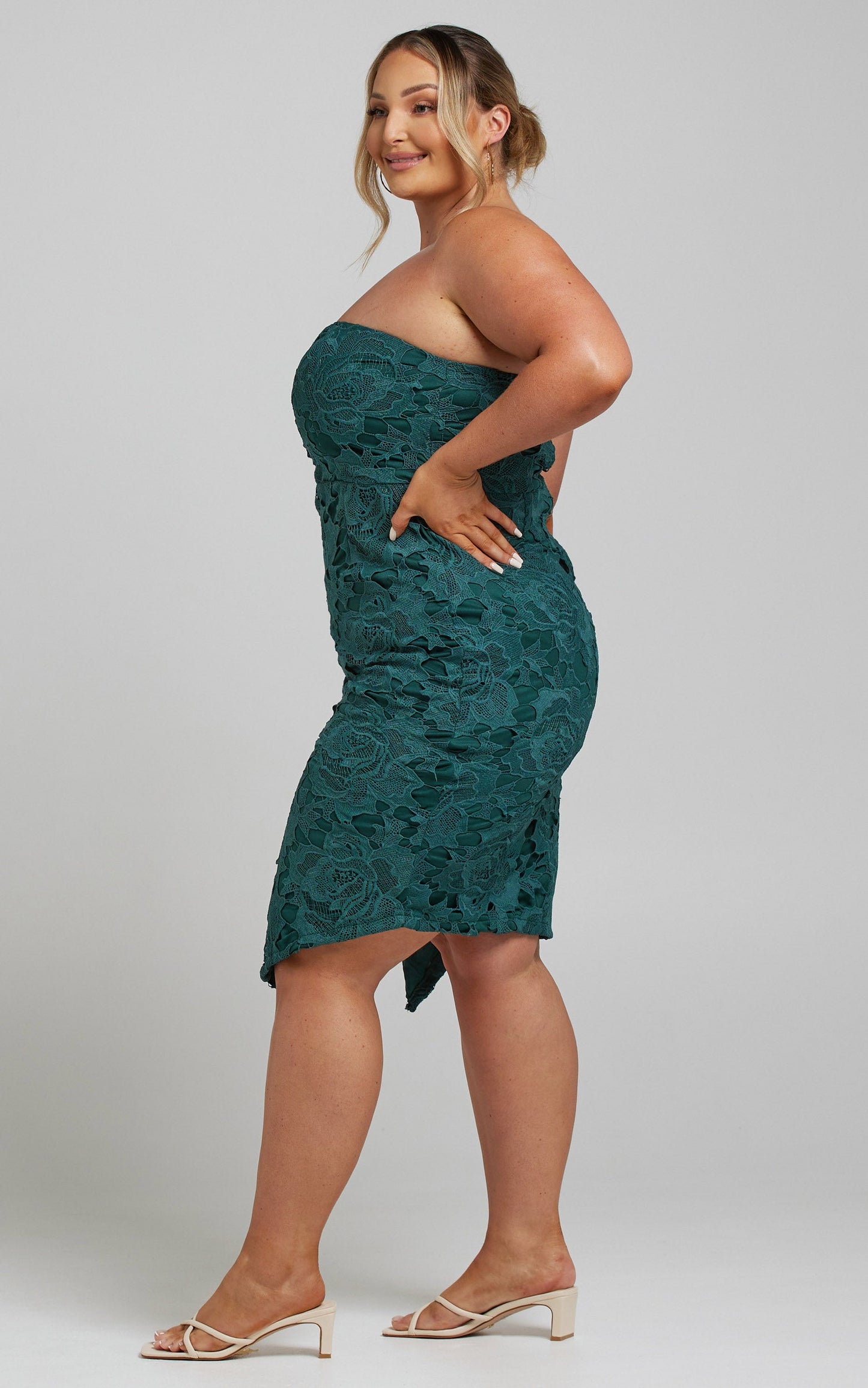 Lace To Lace Midi Dress - Strapless Bodycon Dress in Emerald Lace