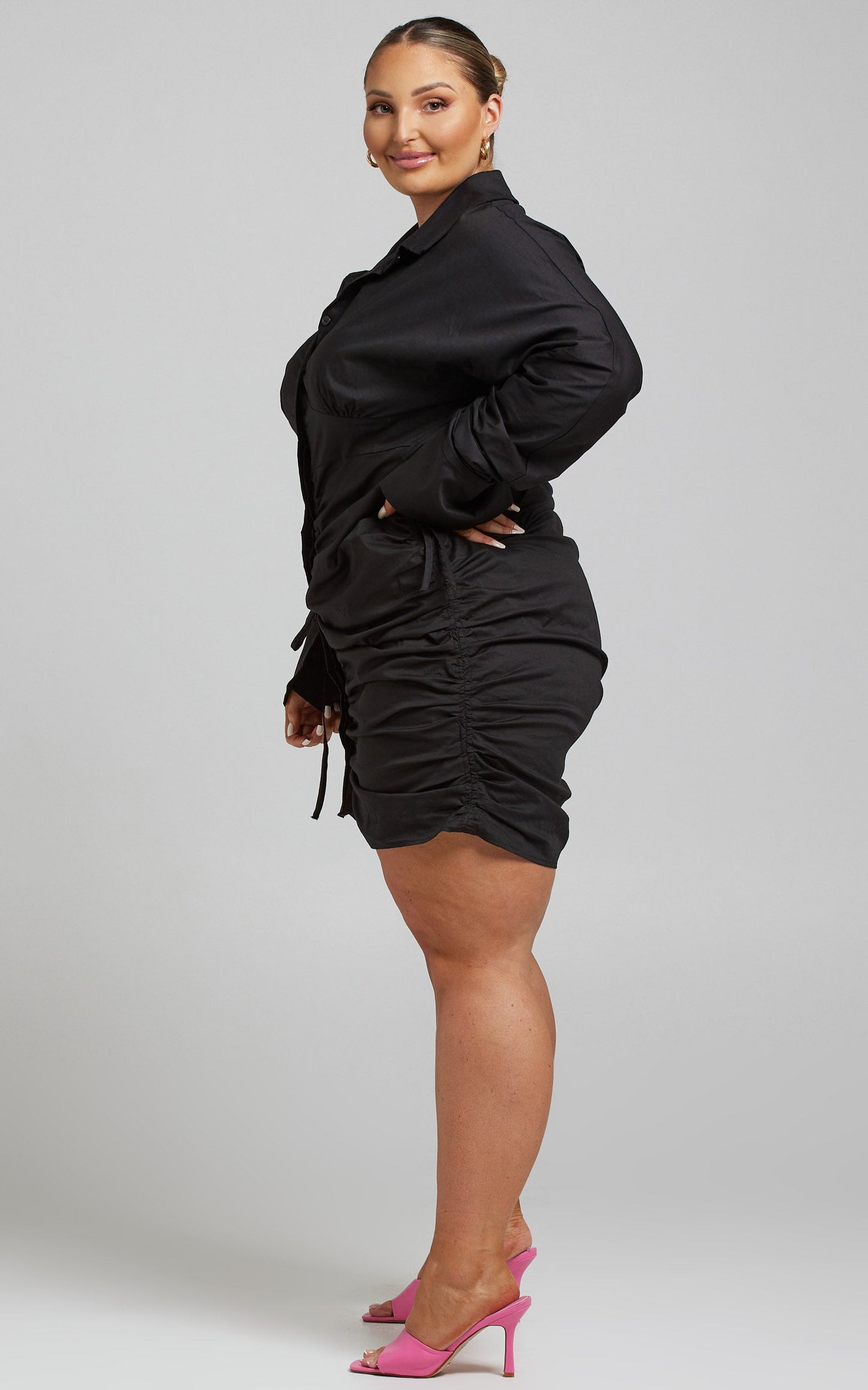 Ida Mini Dress - Ruched Button Up Shirt Dress in Black
