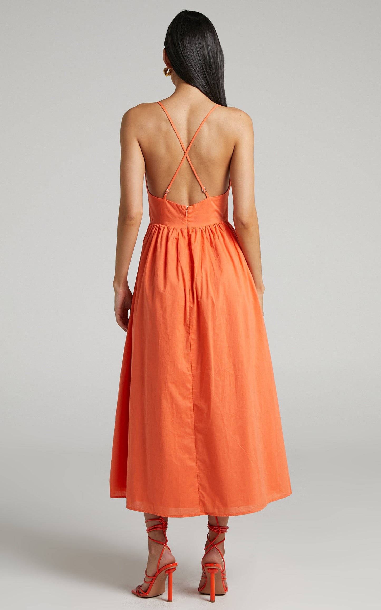 Shairah Midi Dress - Cross Back Gathered Sweetheart Dress in Orange
