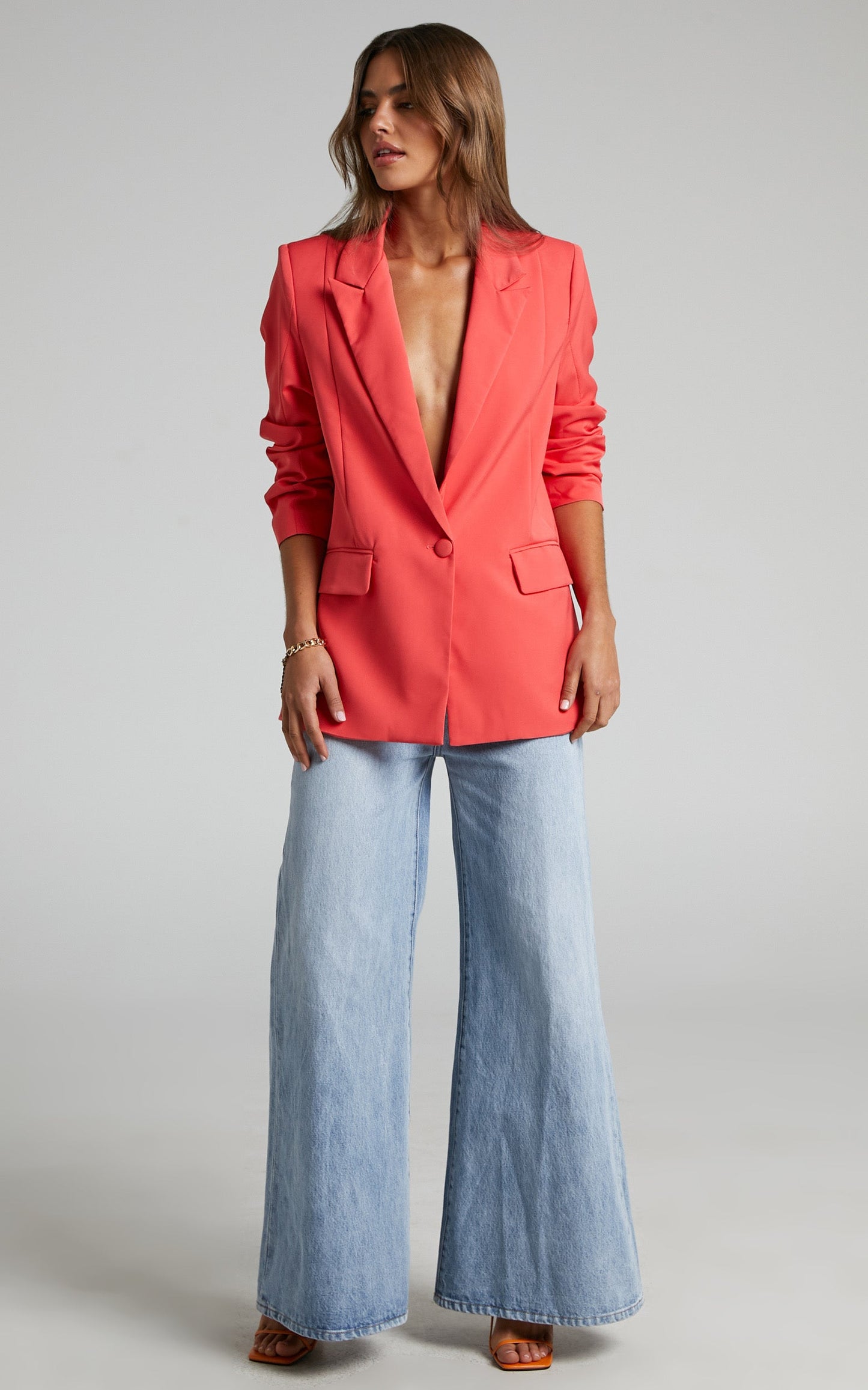 Sharmiel Blazer - Plunge Neck Oversized Longline Blazer in Orange