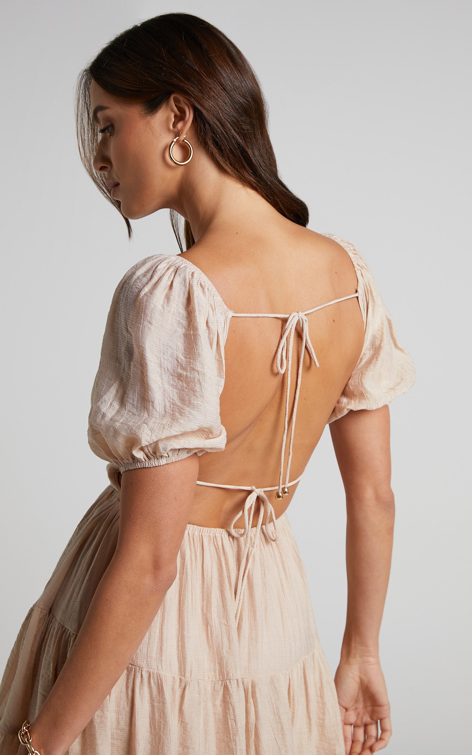 Shayna Mini Dress - Open Back Puff Sleeve Tiered Dress in Beige